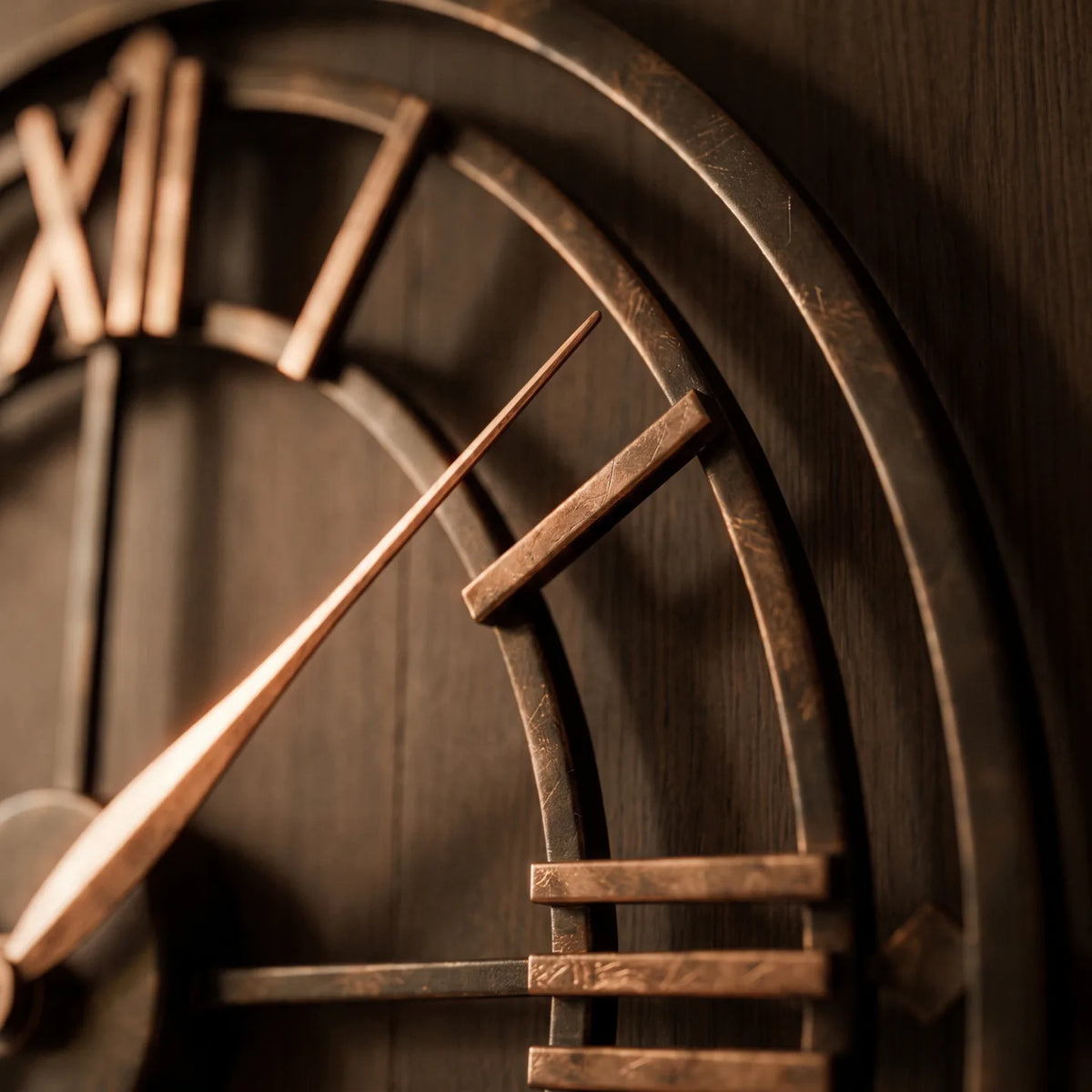 Howard Miller York Station Wall Clock, macro close-up of the hands and dial