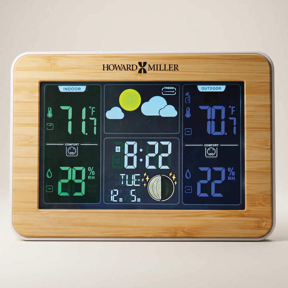 Howard Miller Bamboo Weather Station Alarm Clock, 6-inch, front view on a plain white background