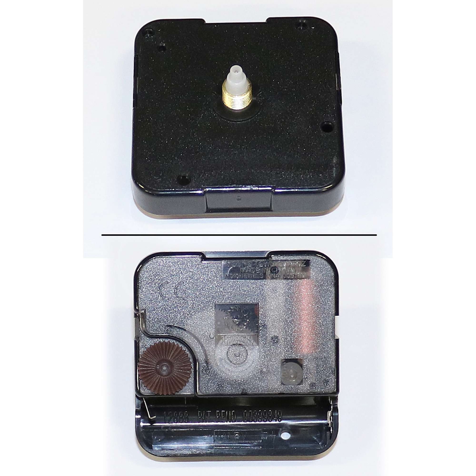 Close-up of a clock movement mechanism, showing front and back views.