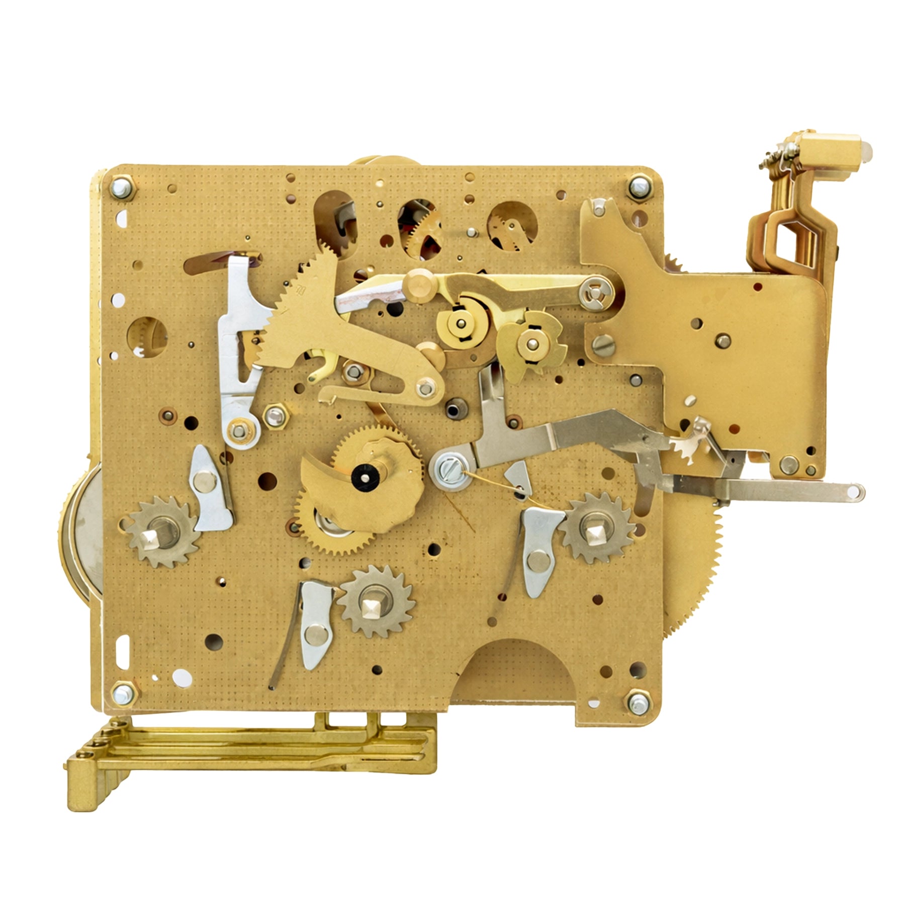 Vintage brass clock movement with intricate gear mechanisms and polished finish.