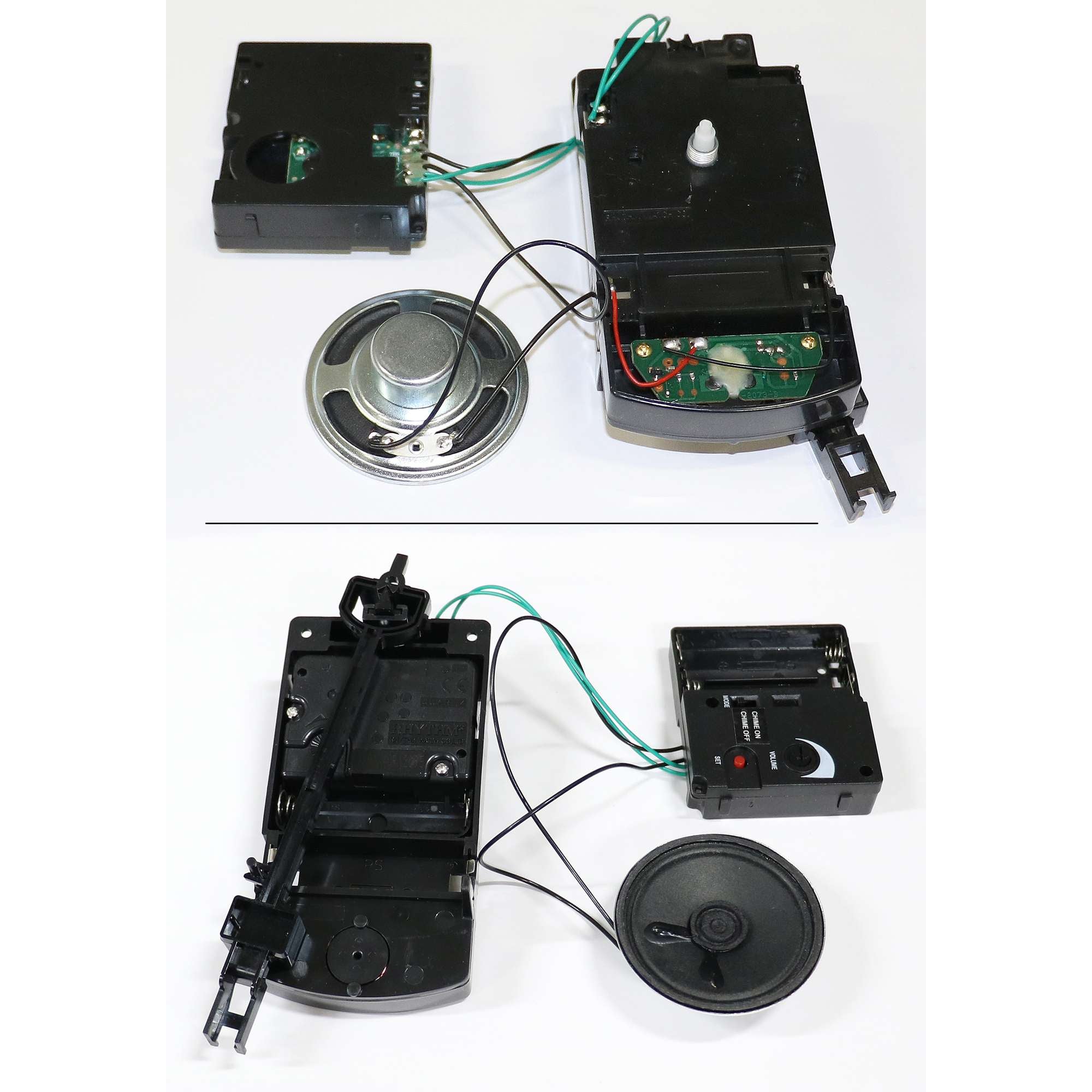 Disassembled audio equipment showing internal components including a speaker and wiring.