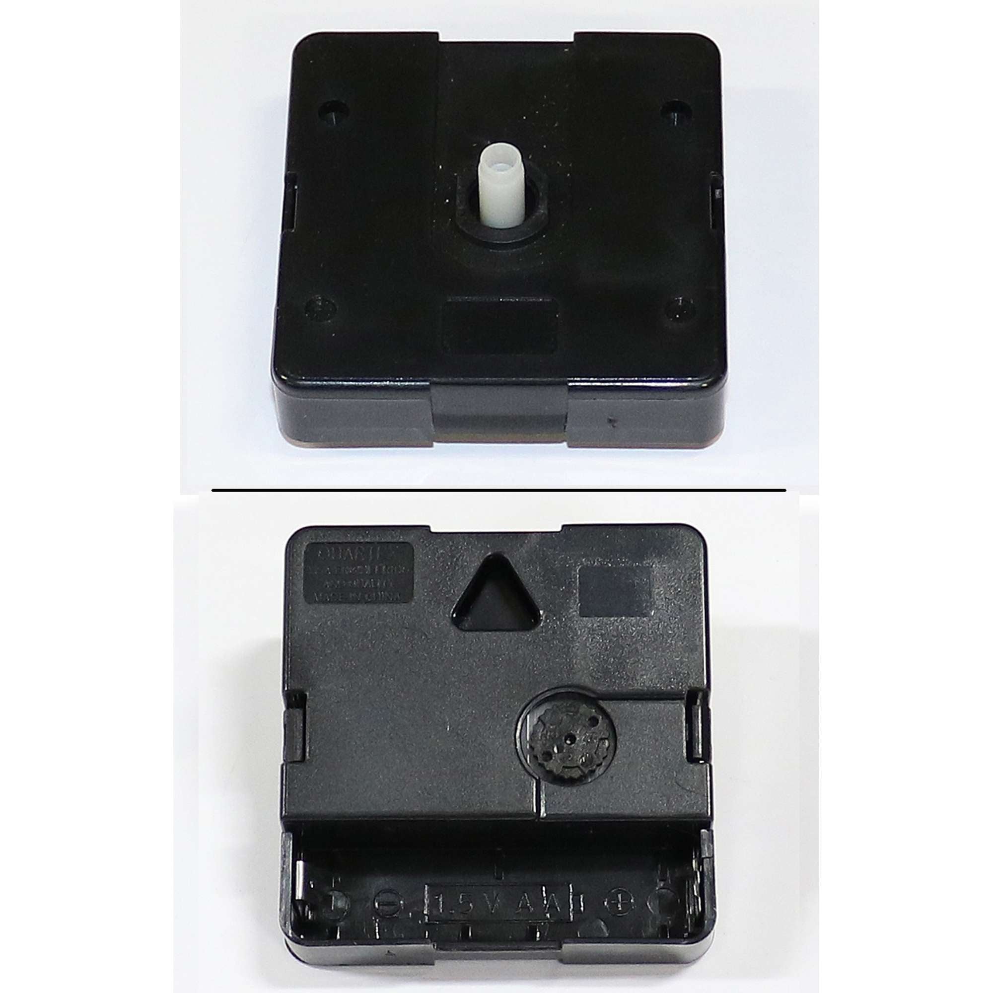 Black rectangular object with a central peg, viewed from top and bottom