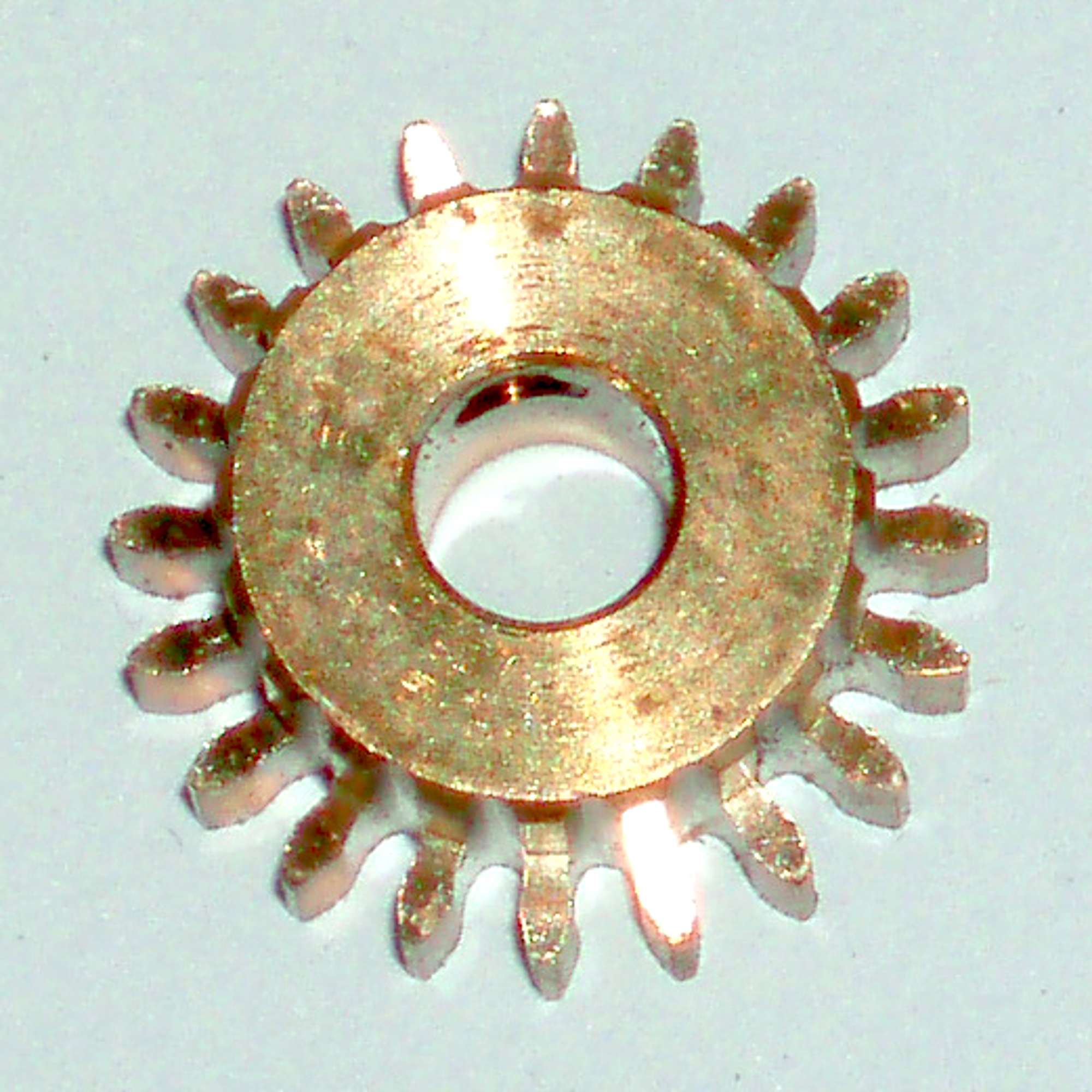 Close-up of a circular metal gear with multiple teeth and a central hole.