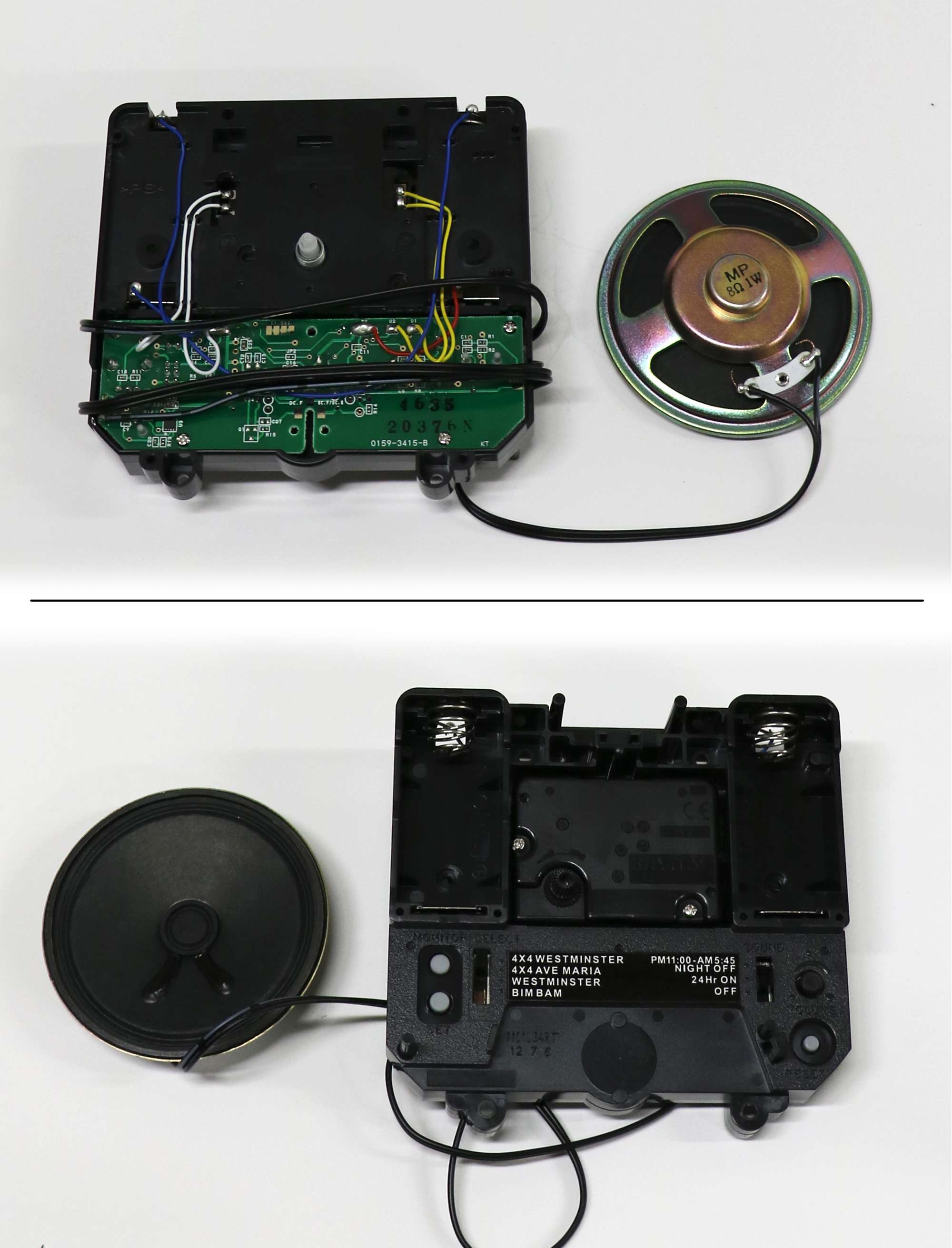Disassembled electronic device with circuit board and speaker