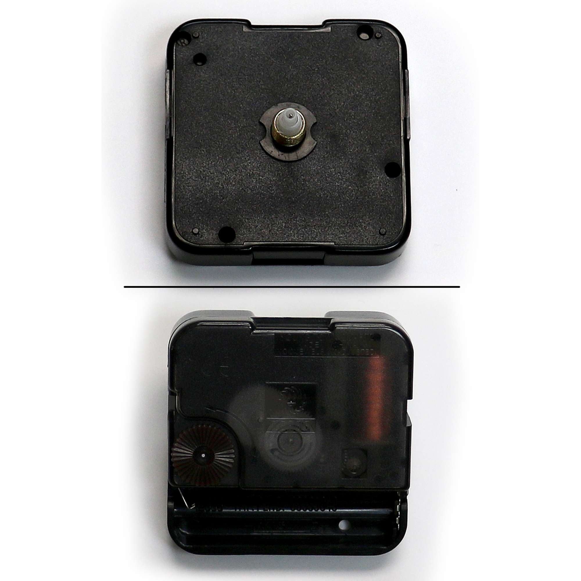 Front and back view of a black square clock movement mechanism.