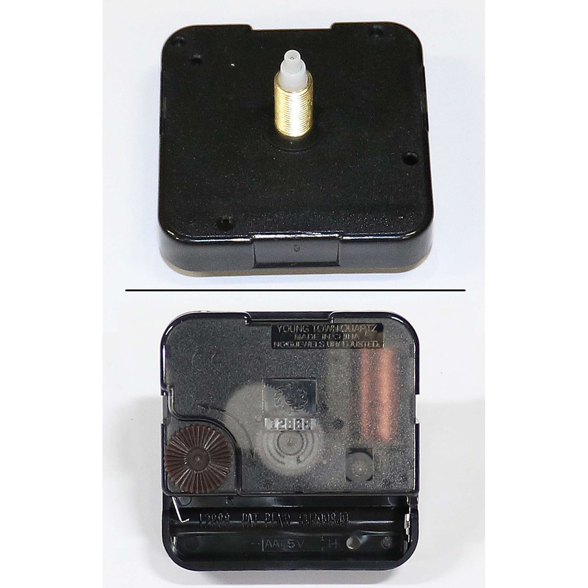 Battery-operated clock movement mechanism, showing top and bottom views.