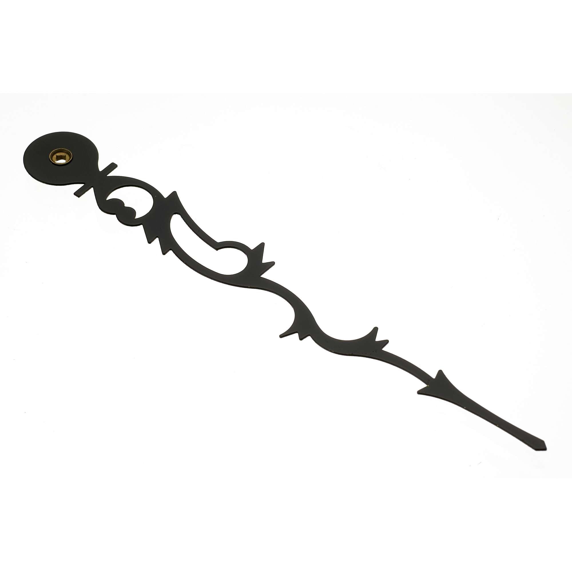 Decorative black clock hands with an intricate design