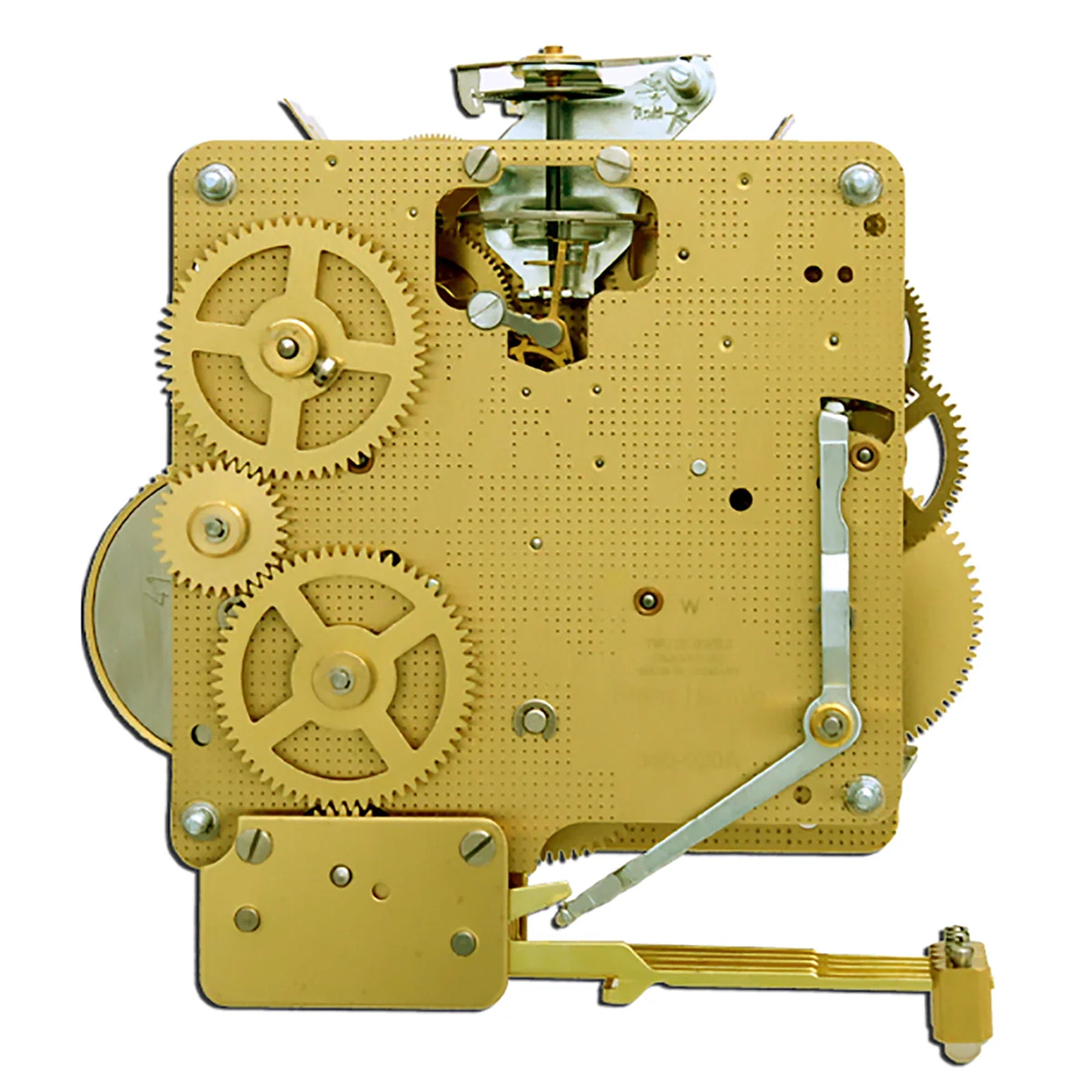 Gold mechanical clock movement with gears, intricate design for DIY clock projects.