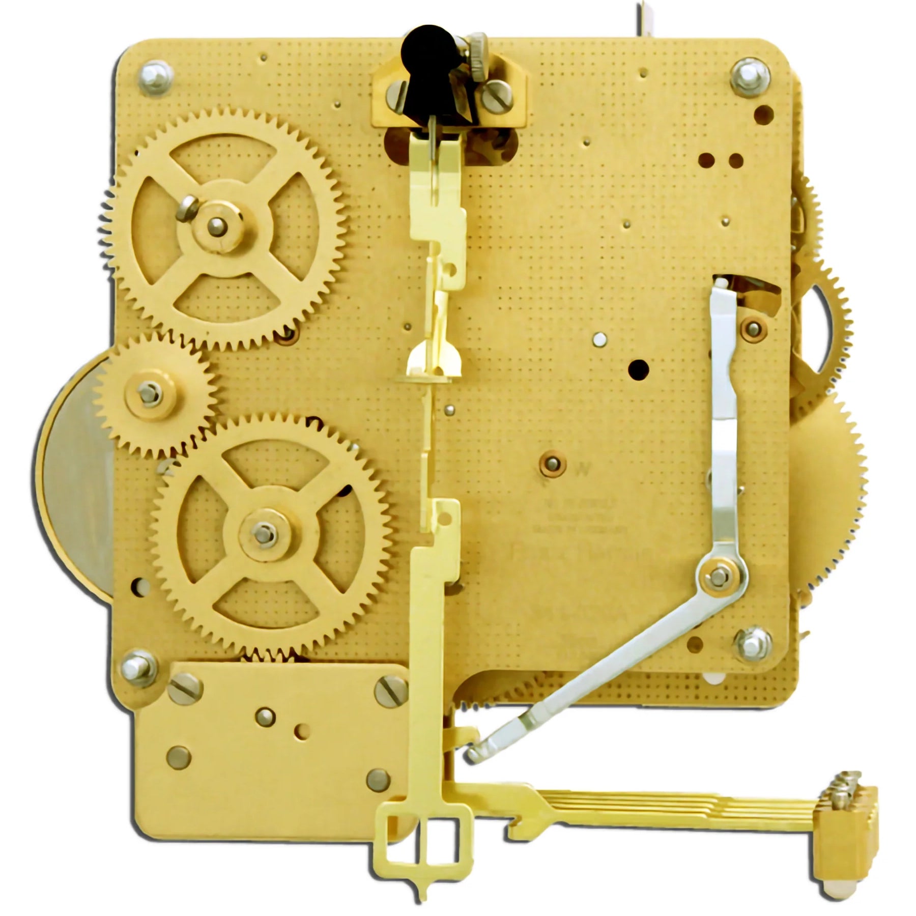 Detailed gold-tone mechanical clock movement with gears and levers for precision timekeeping.