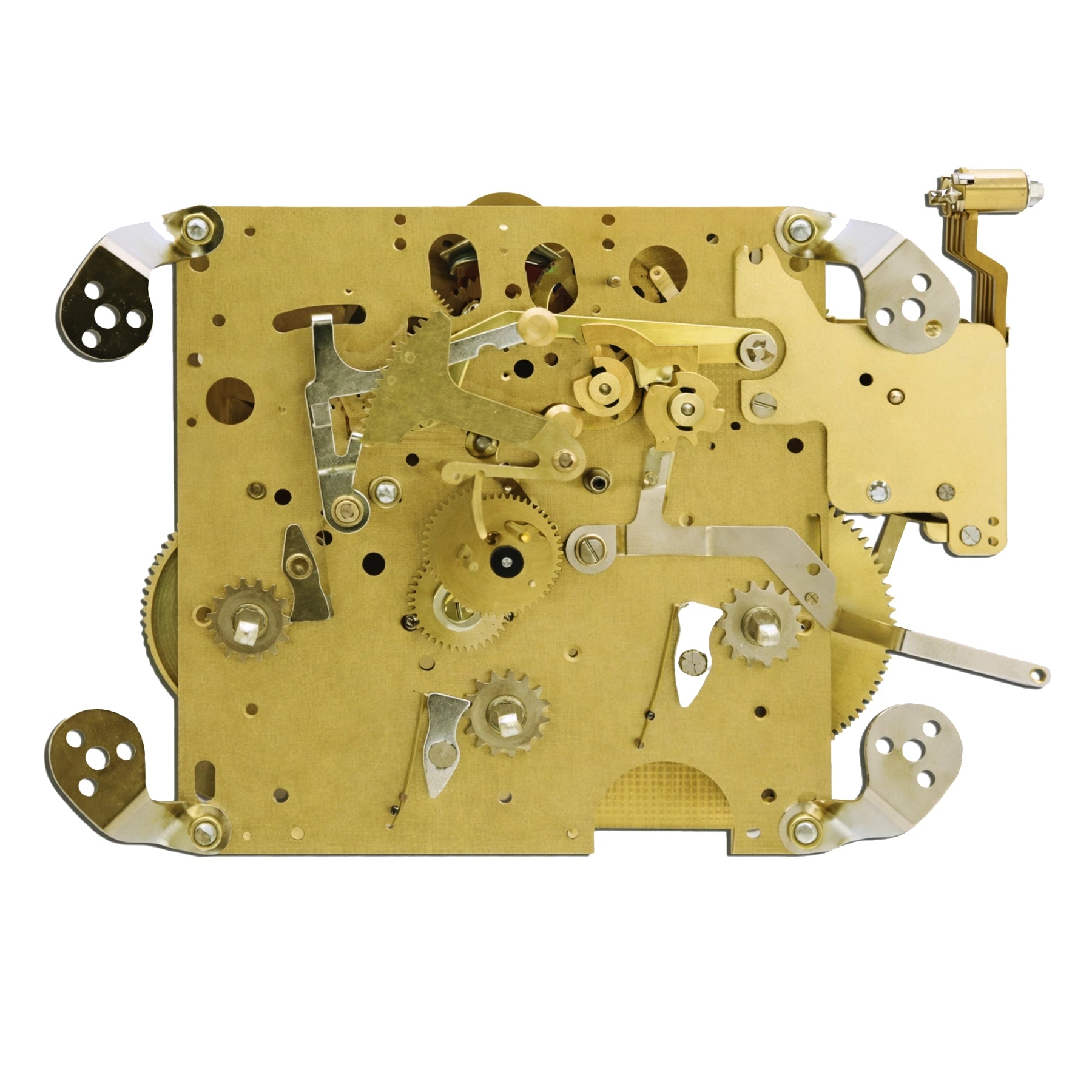 Brass clock movement mechanism with intricate gears and levers for DIY clock projects.