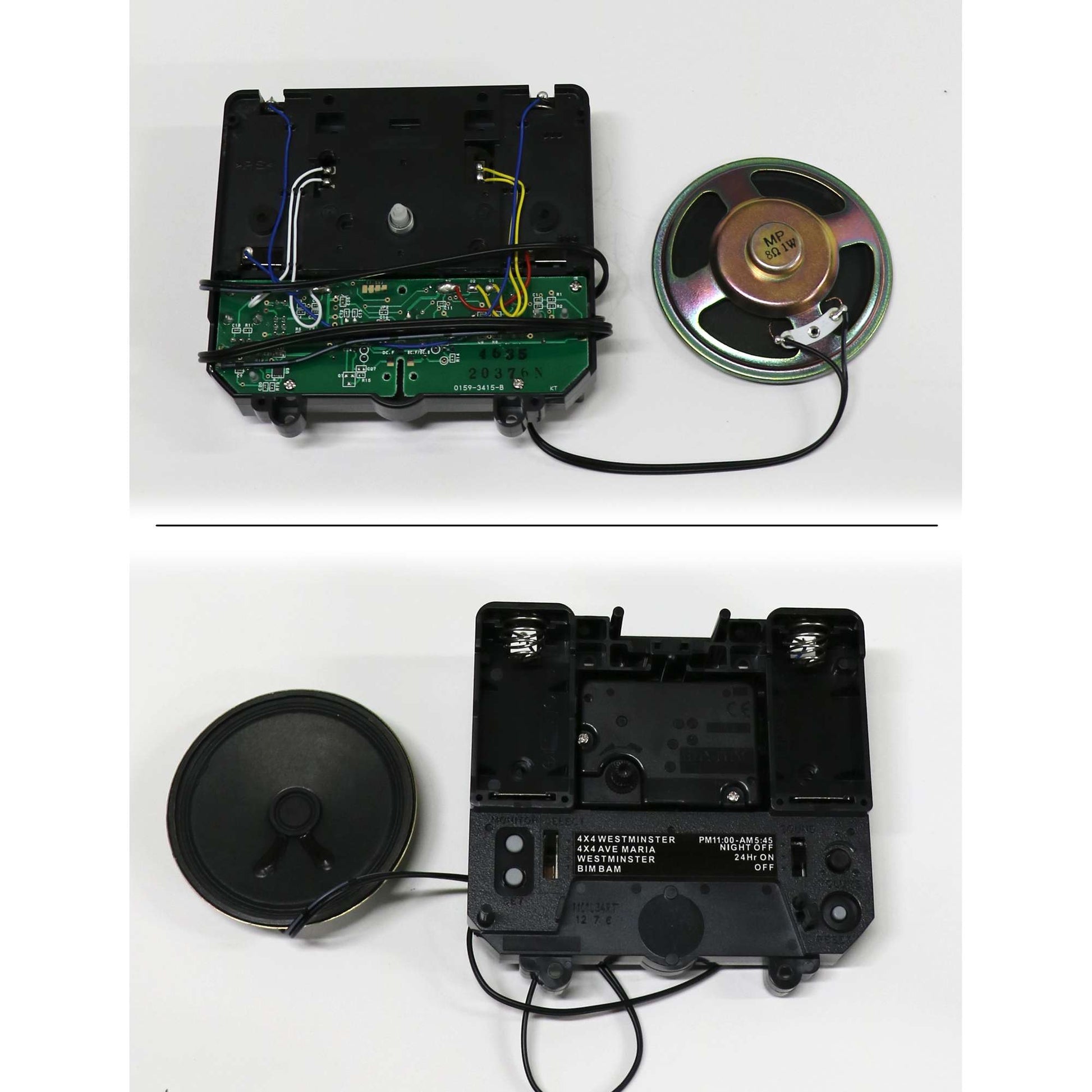 A disassembled battery clock movement showcasing internal components and a speaker.