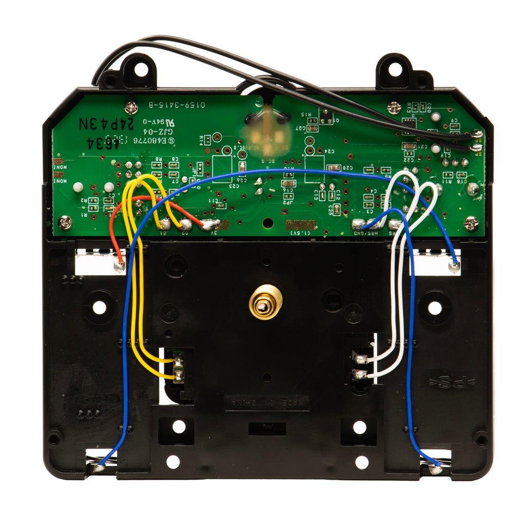 Close-up of a circuit board with wires connected to a black casing.