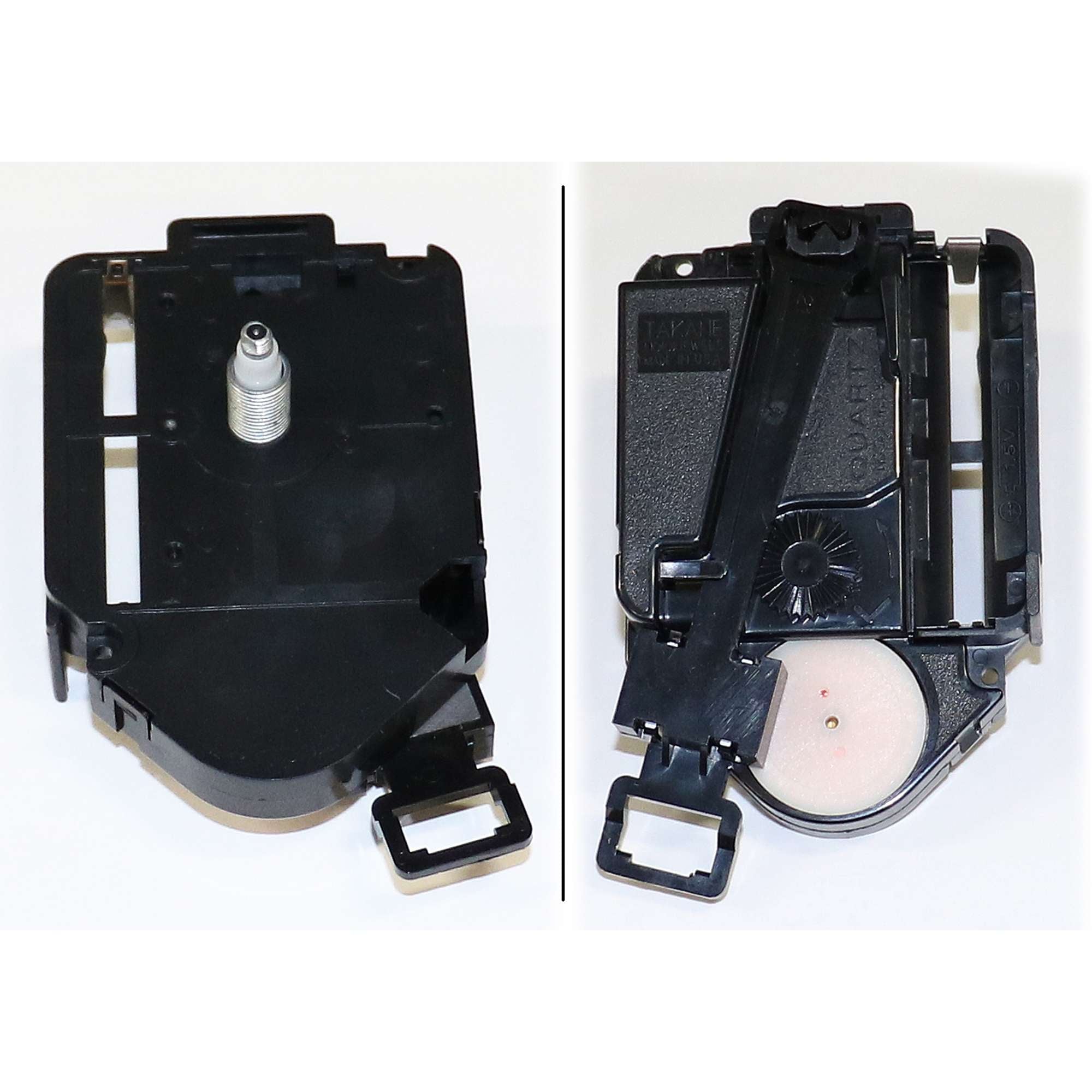 Two-sided view of a black plastic device, possibly a component of a larger machine.
