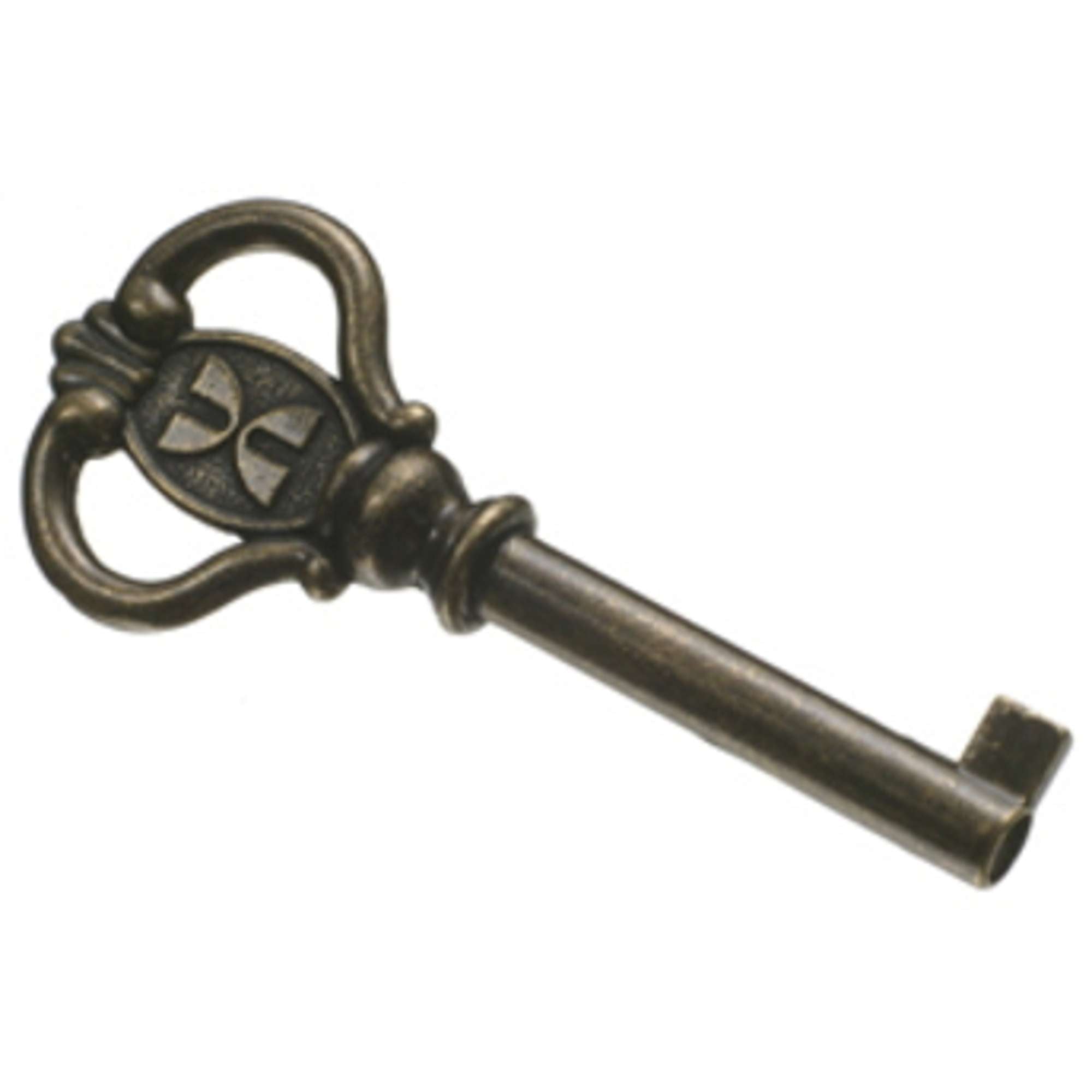 Decorative antique key with ornate design.