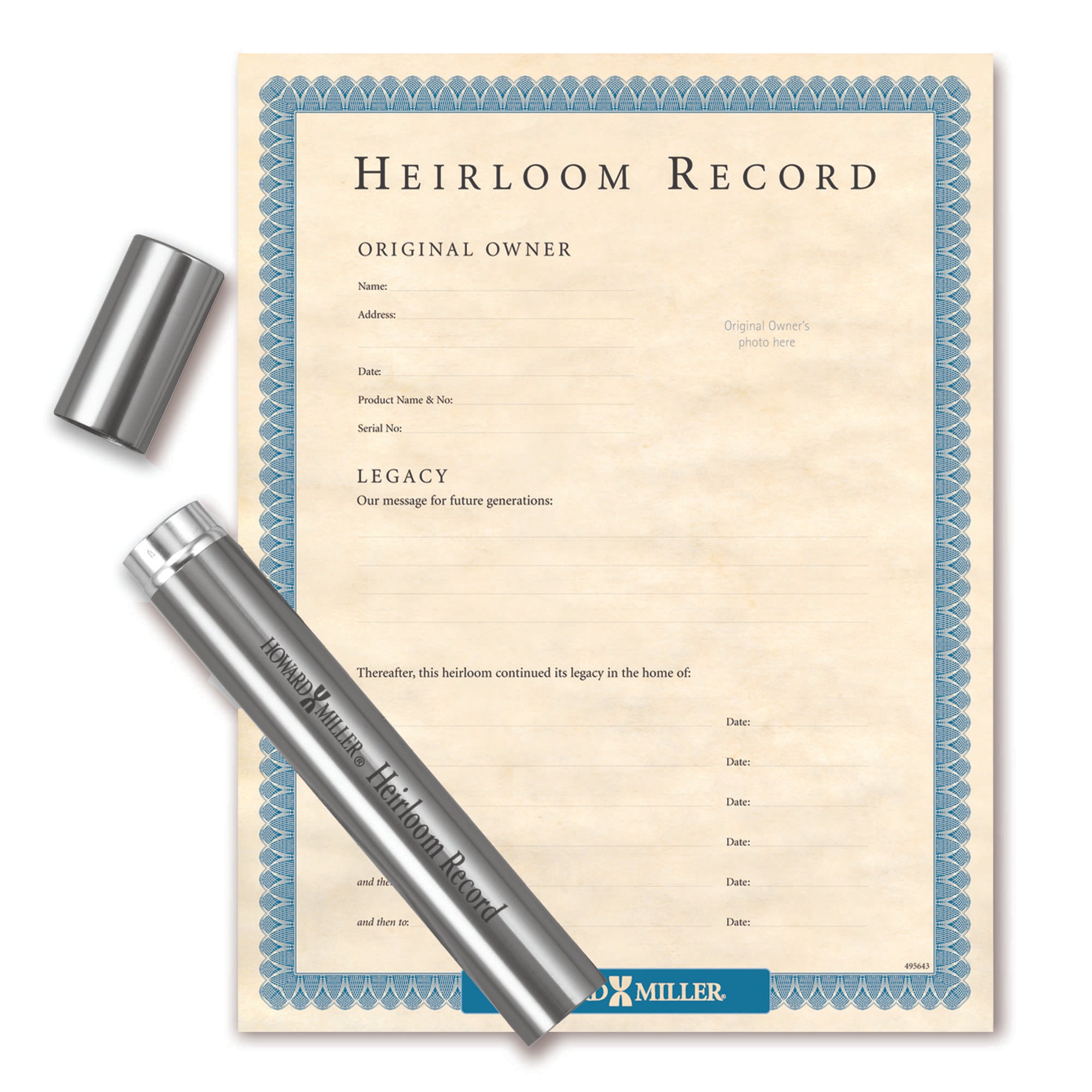 Heirloom record document with a stainless steel storage tube.