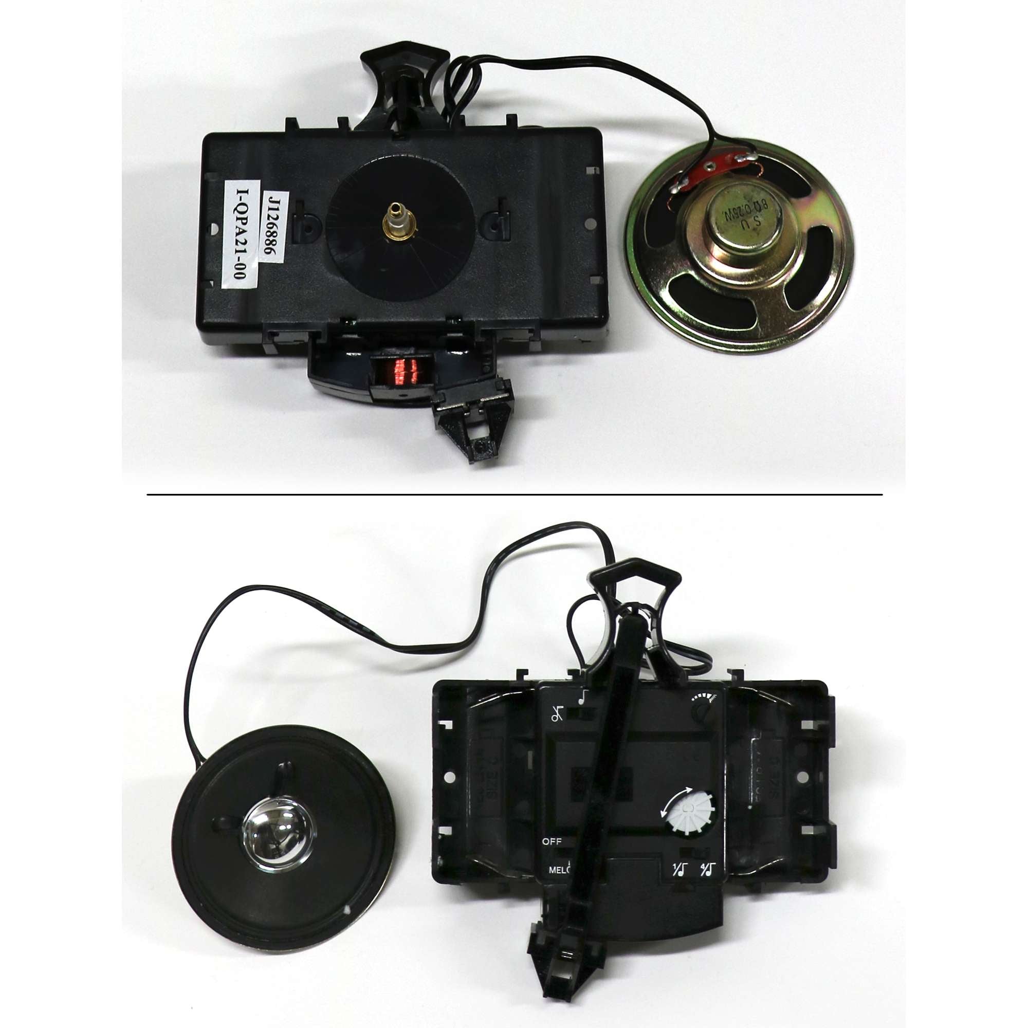 An image showing the top and bottom views of a vintage record player with a speaker.