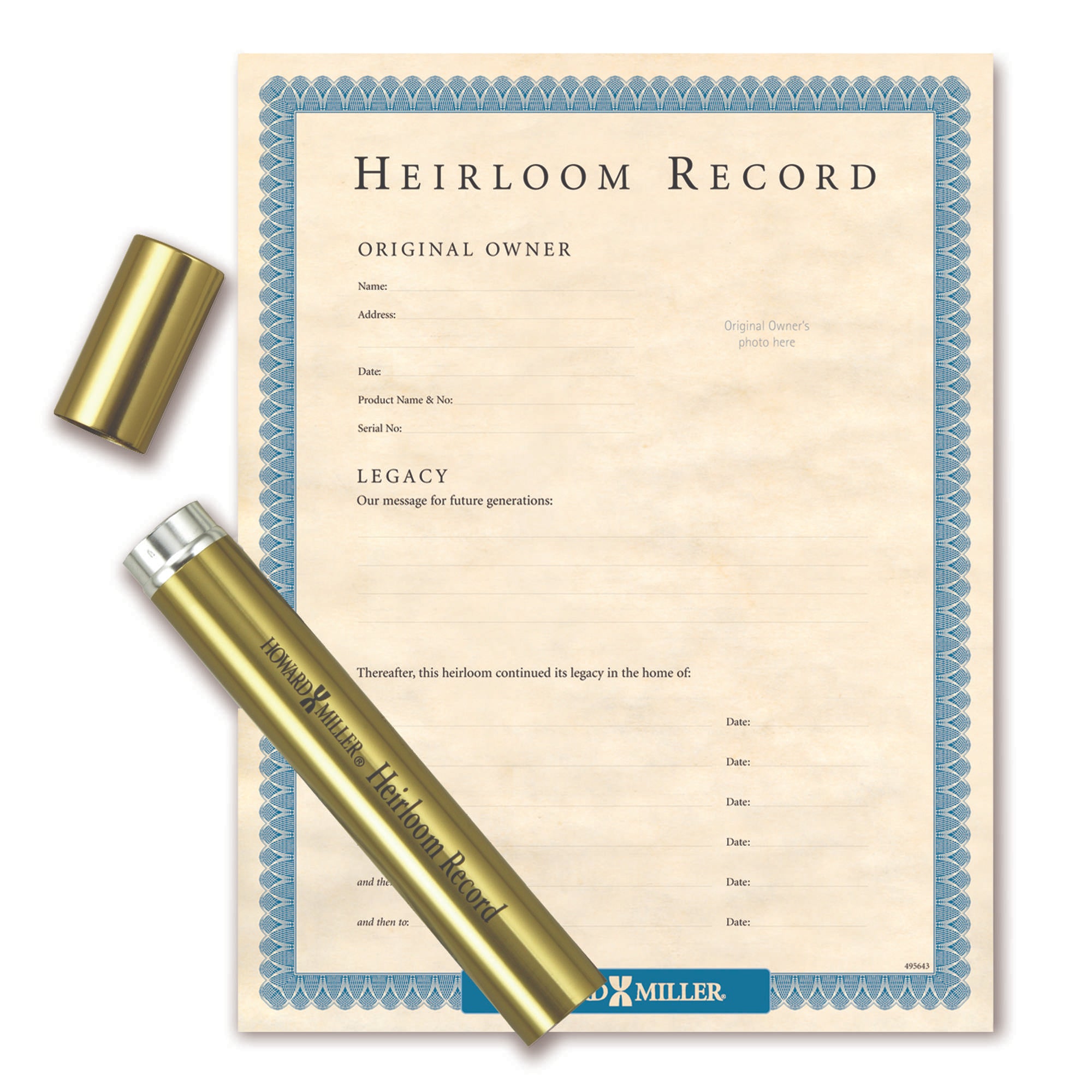 Heirloom record document with a gold tube for legacy information.