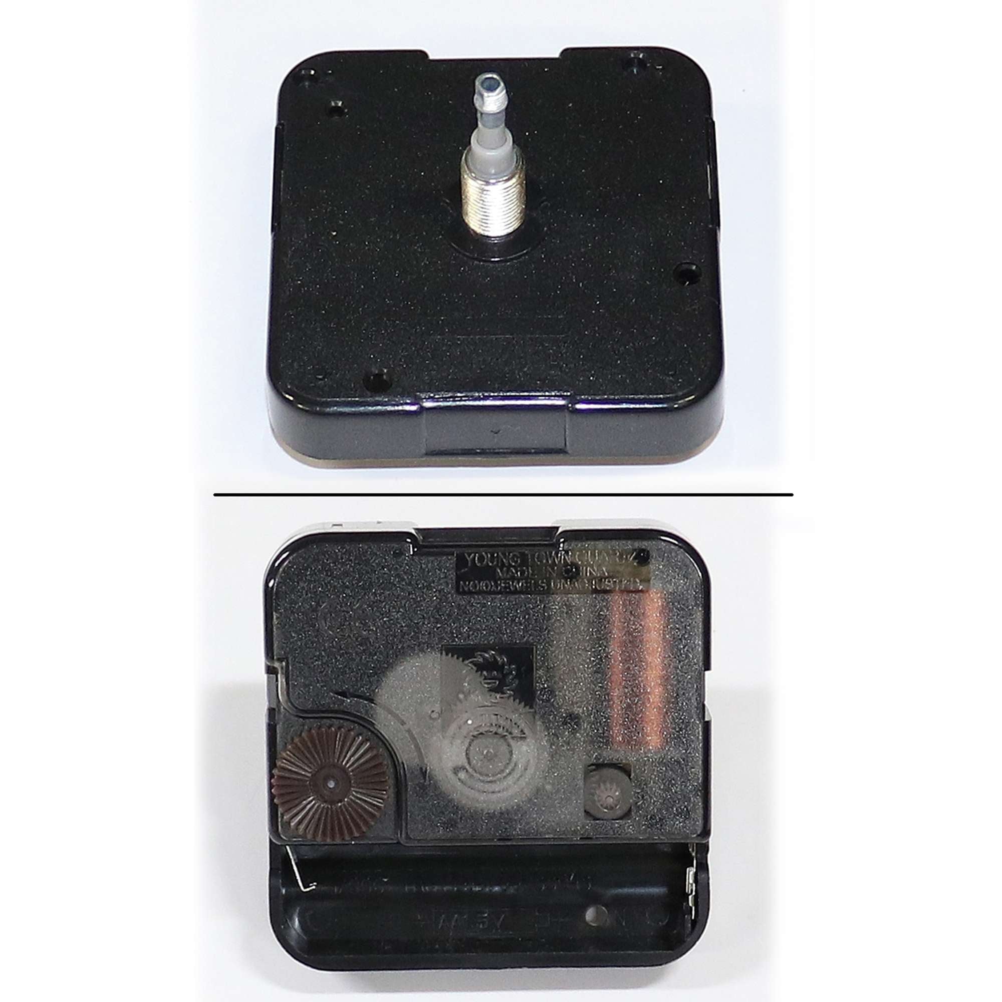 Clock movement mechanism, showing front and back views