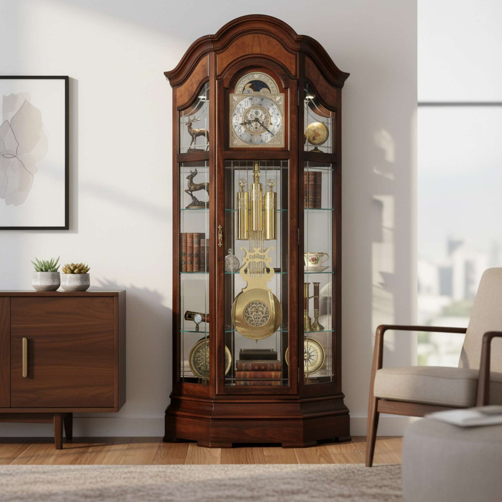 Elegant wooden grandfather clock displayed in a modern living room.