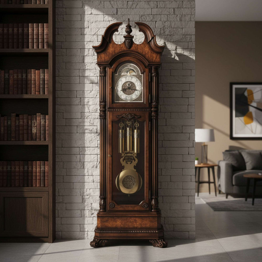 A vintage wooden grandfather clock standing against a textured wall with a bookshelf and modern decor in the background.