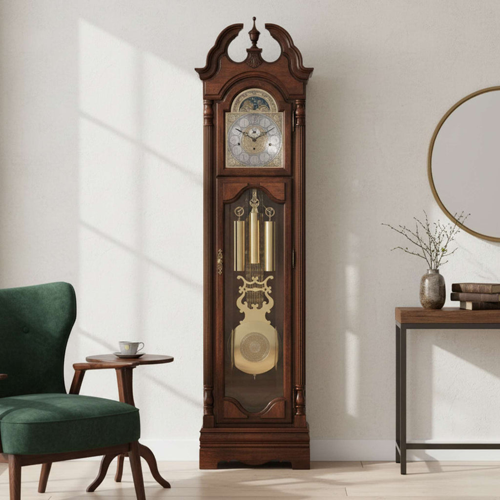 A vintage wooden grandfather clock beside a green chair and a modern side table.