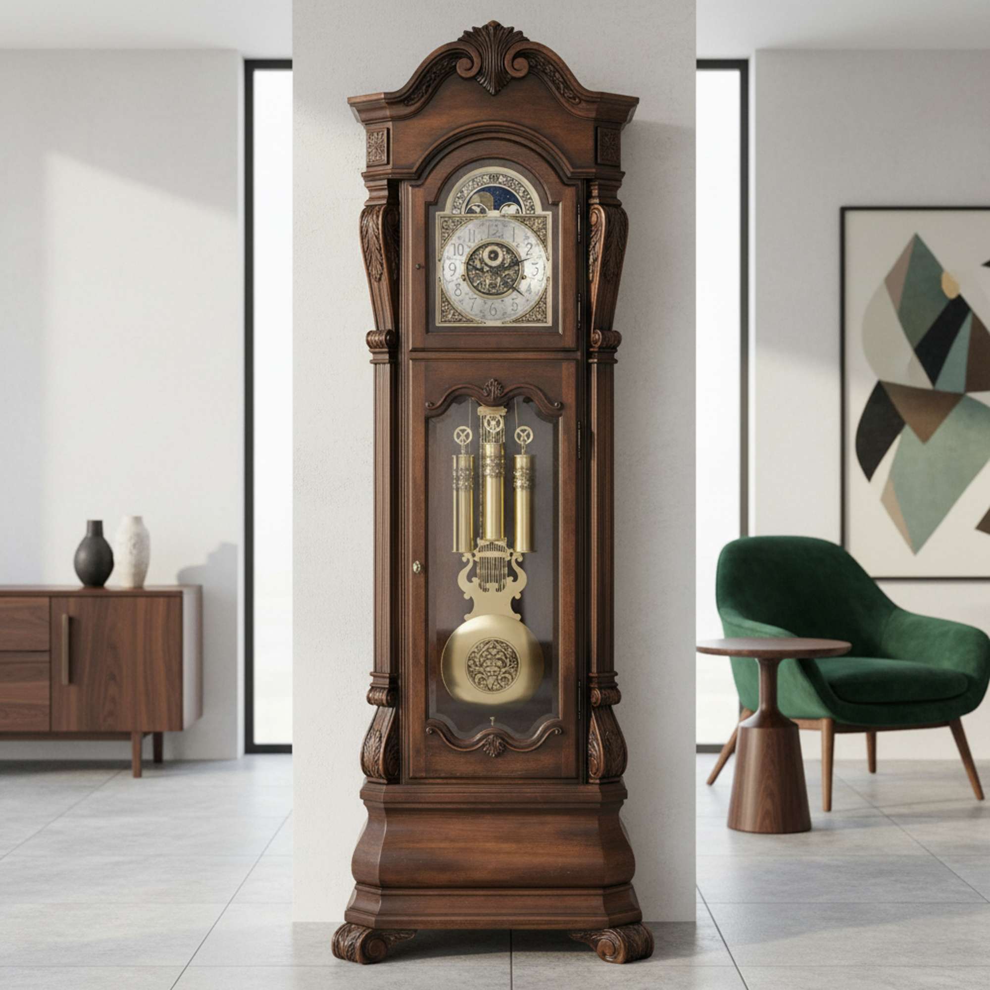 A tall wooden grandfather clock with ornate details, displayed in a modern living space.
