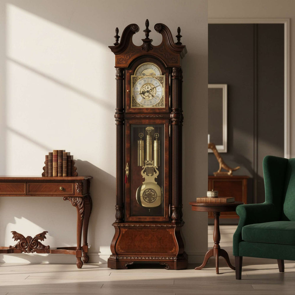 A decorative wooden grandfather clock in a modern living space.