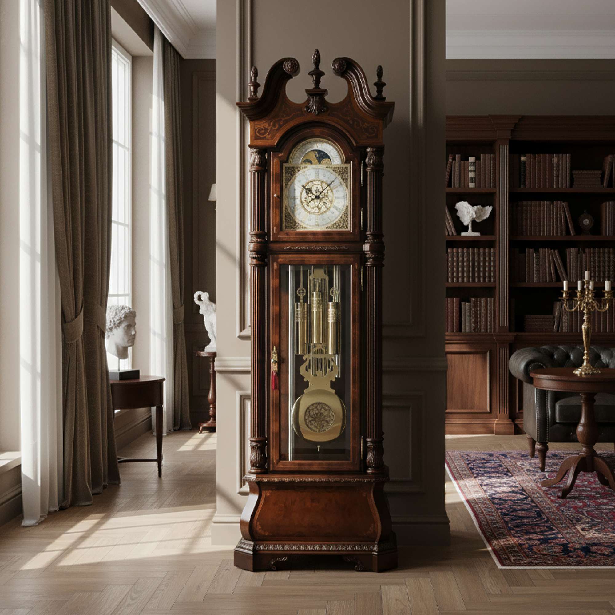 A vintage wooden grandfather clock standing against a wall in an elegant room.