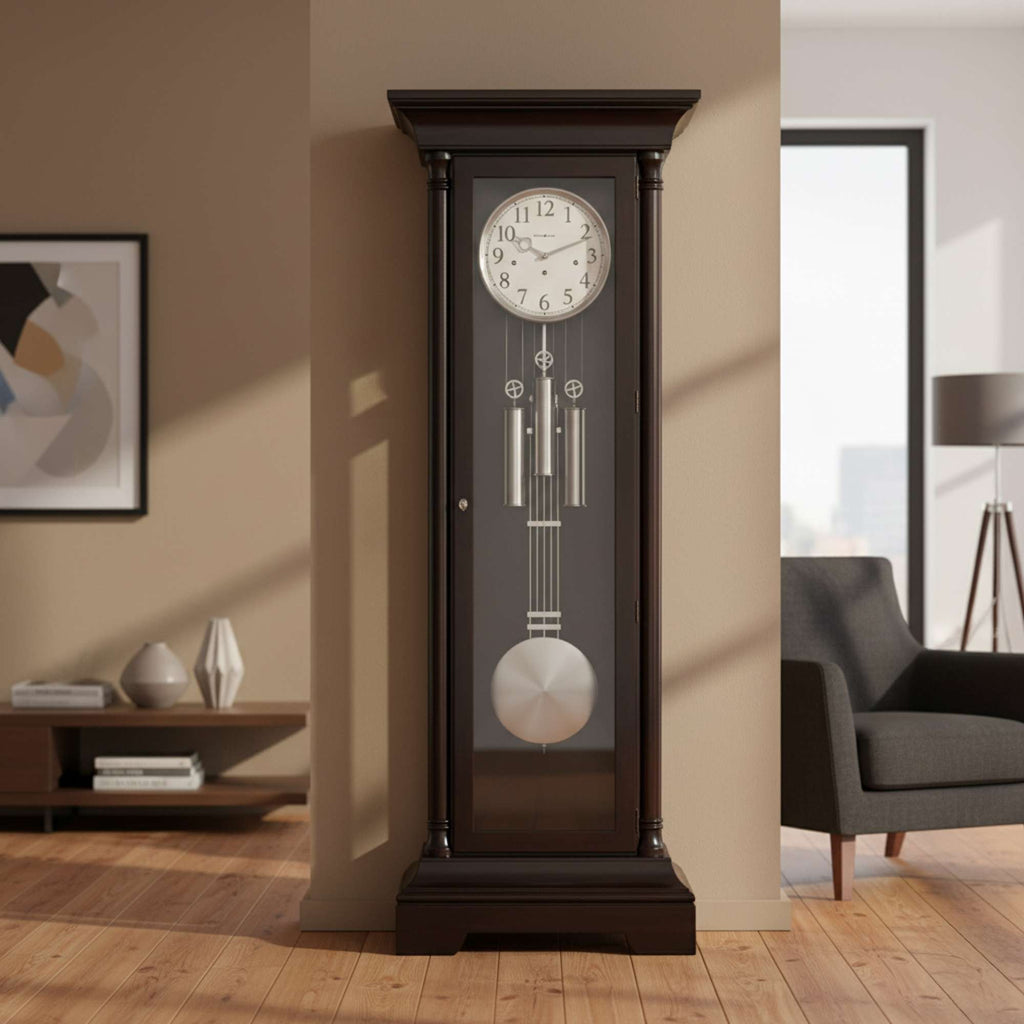 A tall, wooden grandfather clock with a circular clock face and decorative pendulum, positioned in a modern living room.