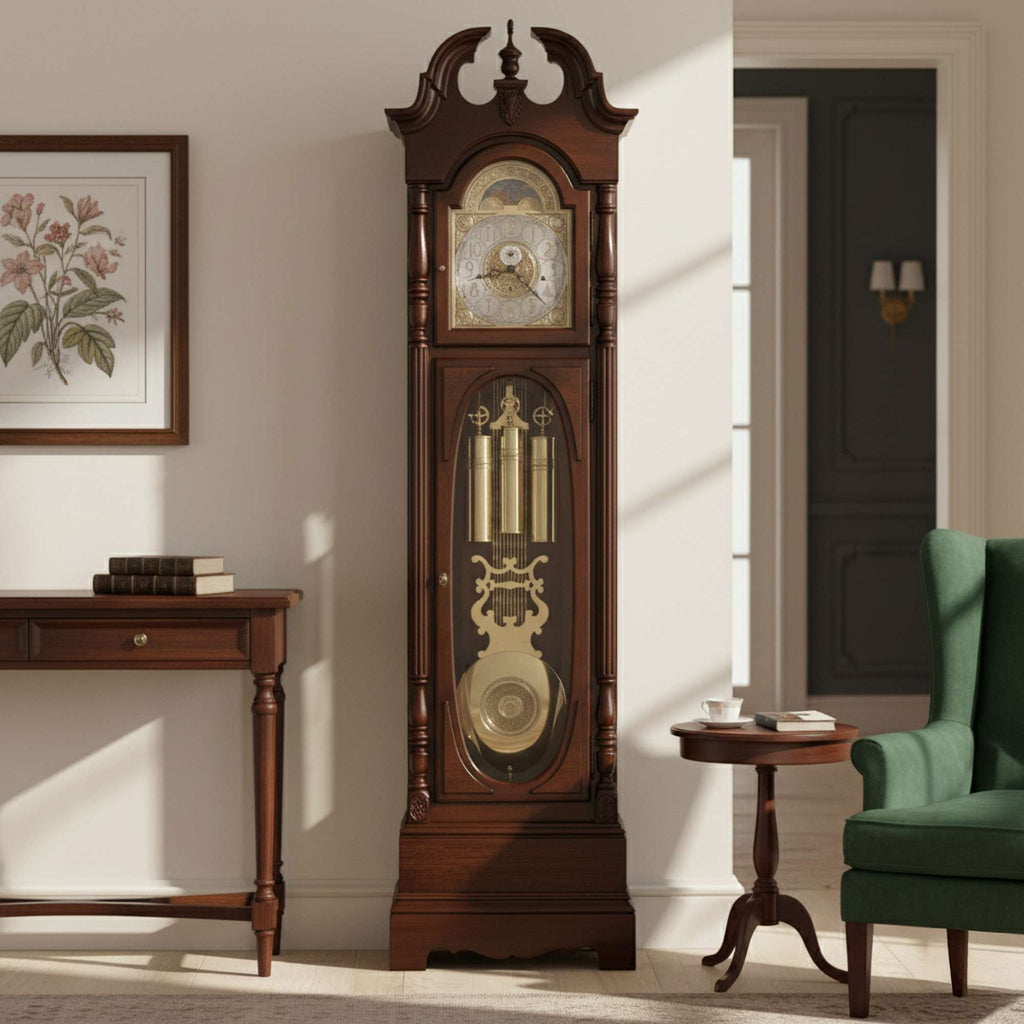 A traditional wooden grandfather clock next to a green armchair and a small table in a well-lit room.