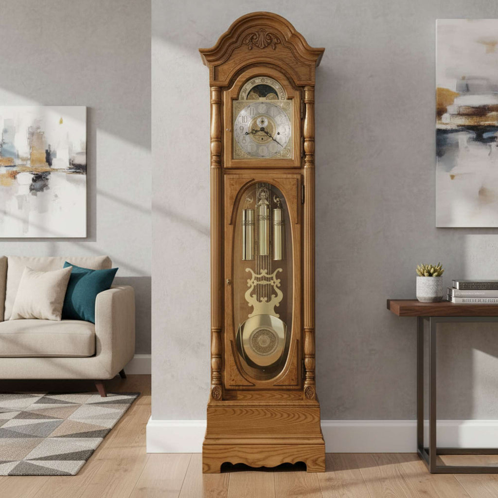 A tall wooden grandfather clock with a glass front, situated in a modern living room.