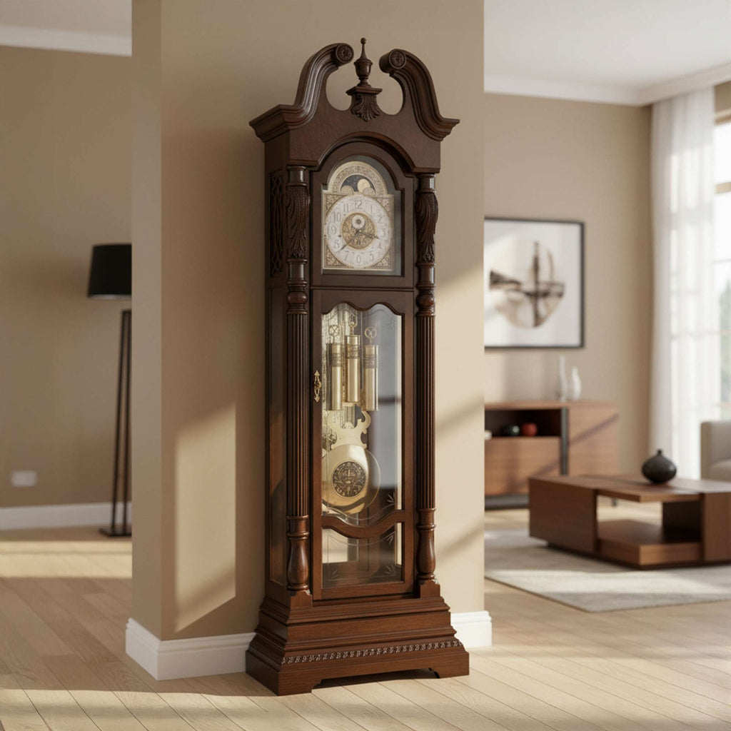 A wooden grandfather clock standing in a modern living room with light-colored walls.