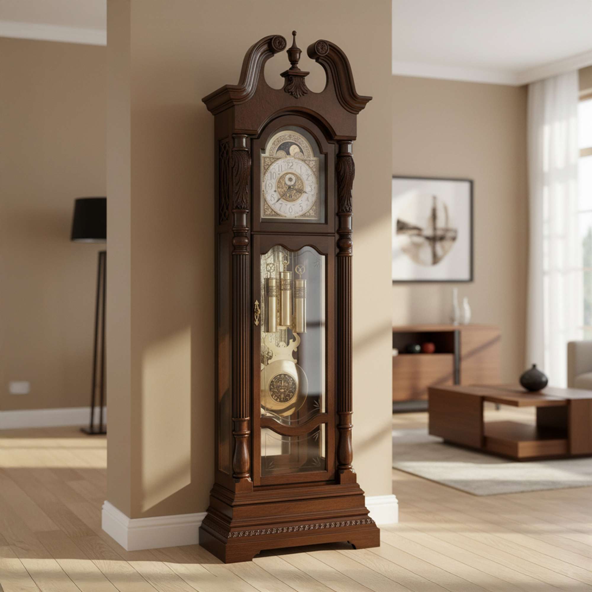 A wooden grandfather clock standing in a modern living room with light-colored walls.