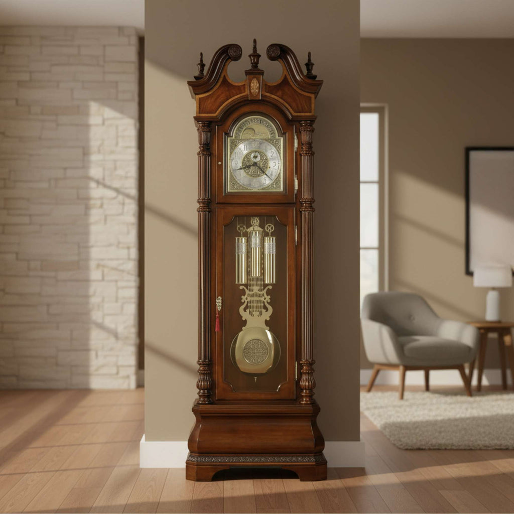 A wooden grandfather clock displayed in a bright living room.