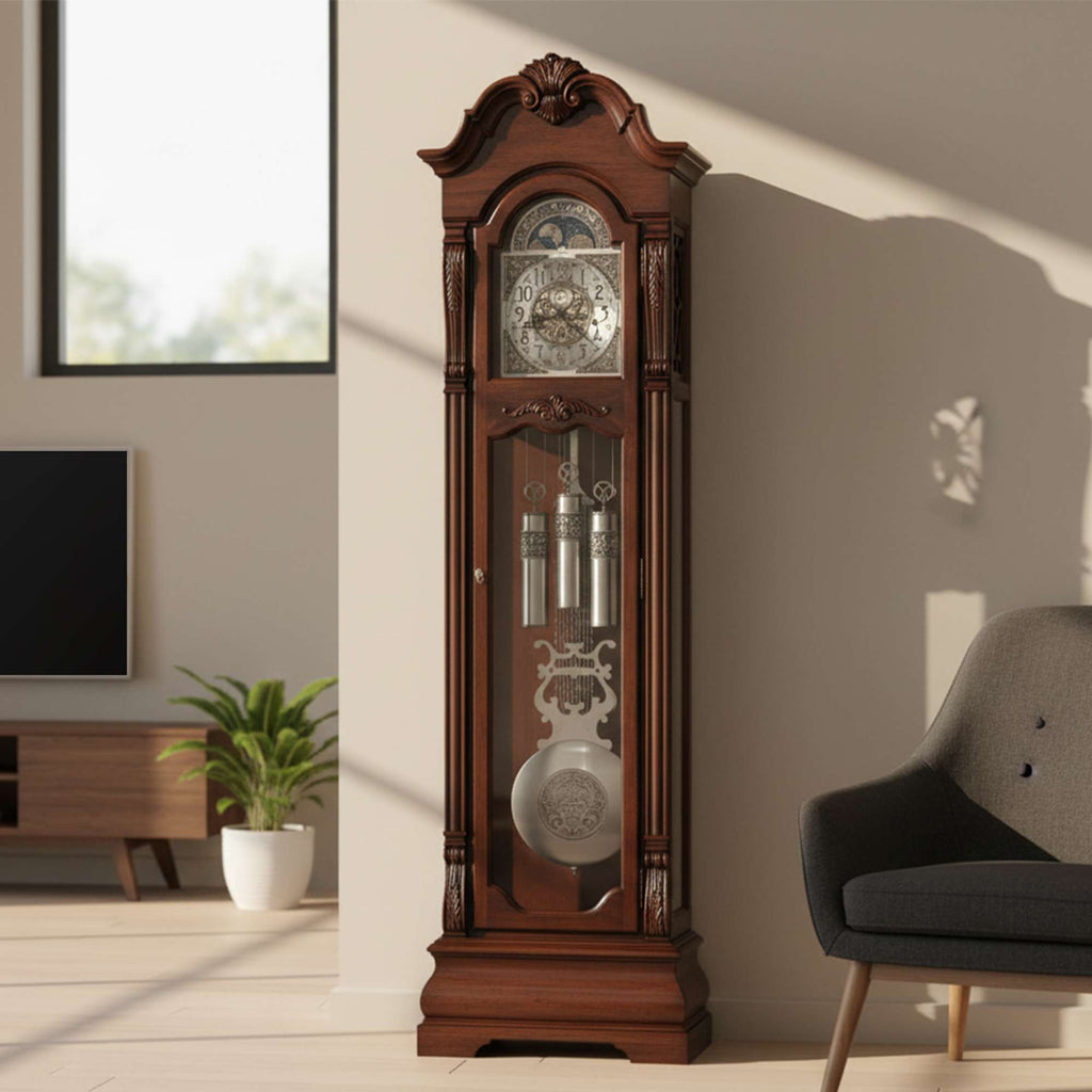 Tall wooden grandfather clock in a modern living room setting.