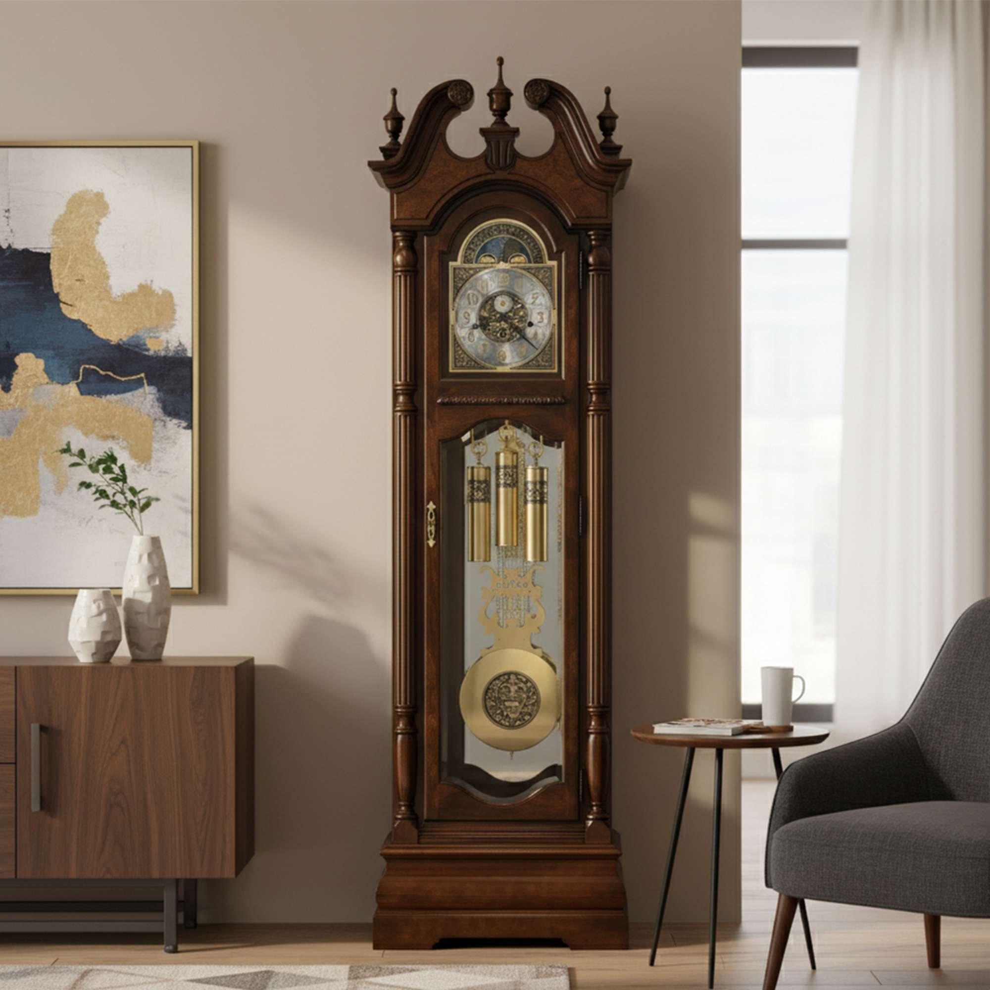 A classic wooden grandfather clock with decorative features, set in a modern living room.