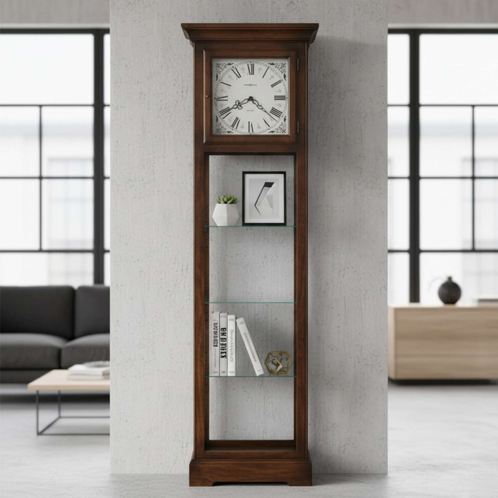 Wooden grandfather clock with glass shelves in a modern living room