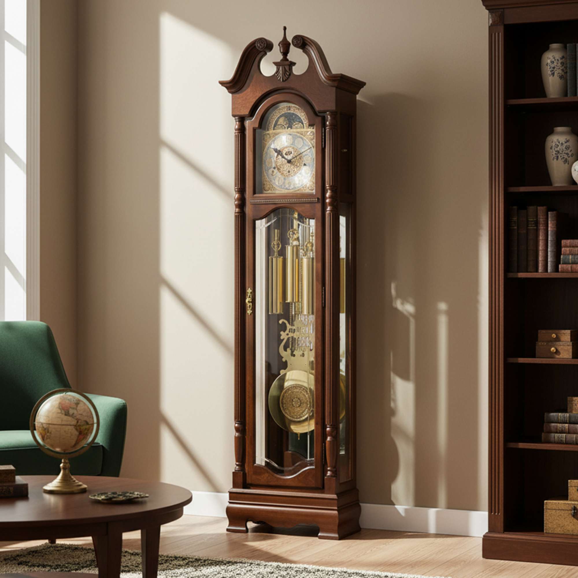 A tall, wooden grandfather clock positioned in a well-lit room, next to a green armchair and a globe.