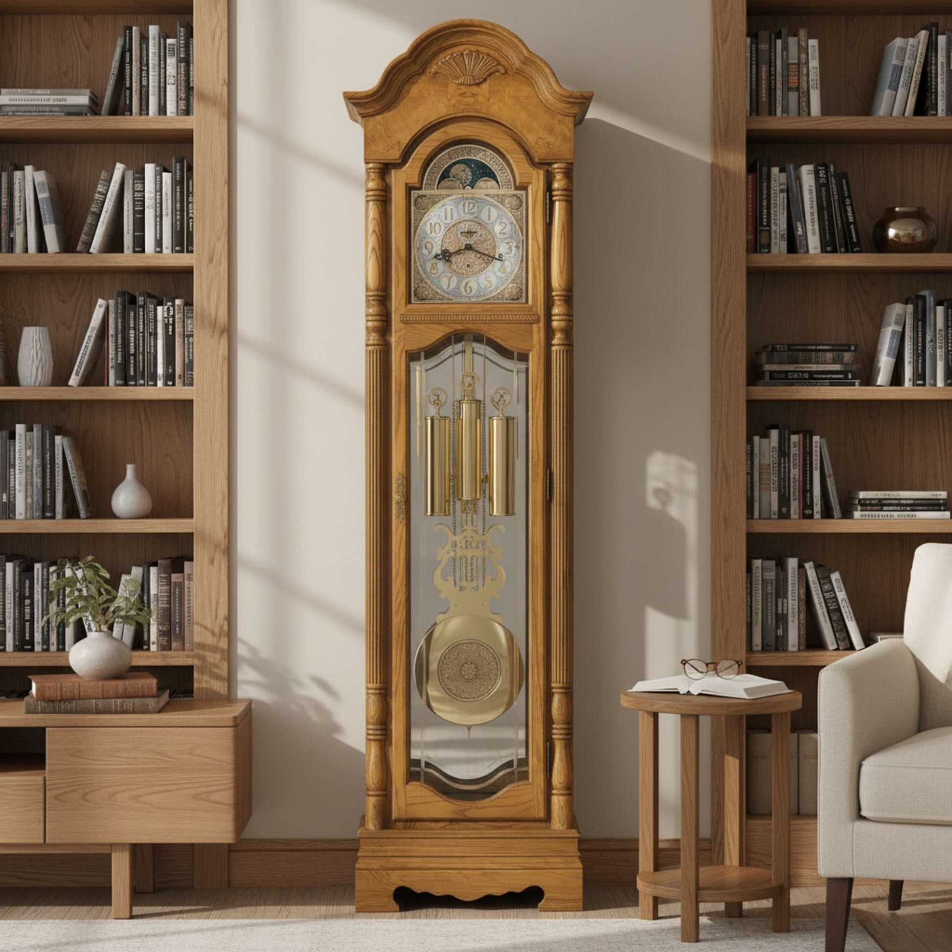 Traditional wooden grandfather clock in a cozy living room setting
