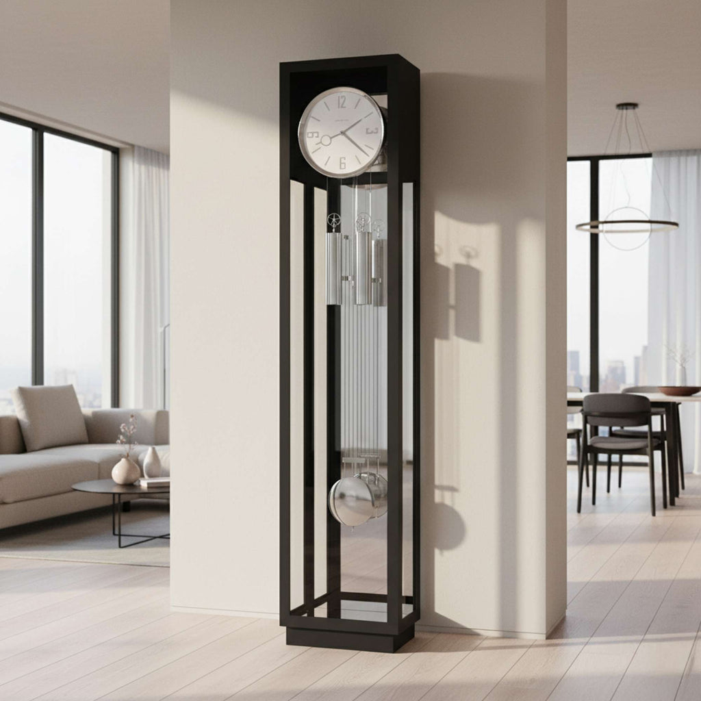 A modern floor clock with a glass casing in a bright interior space.