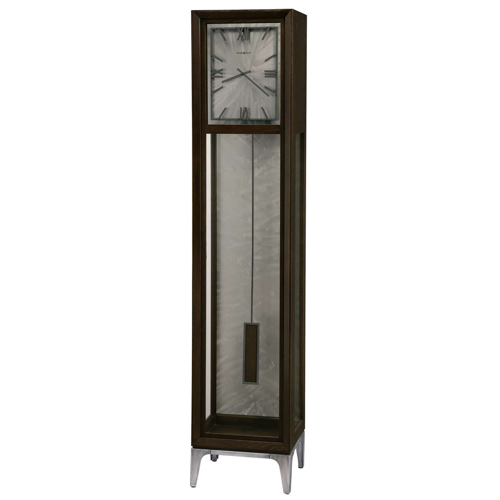 Tall wooden grandfather clock with a pendulum and a square clock face.