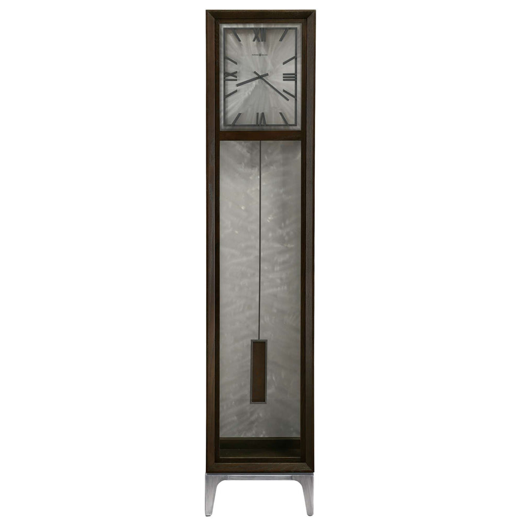 Tall modern wall clock with a pendulum and a sleek design.