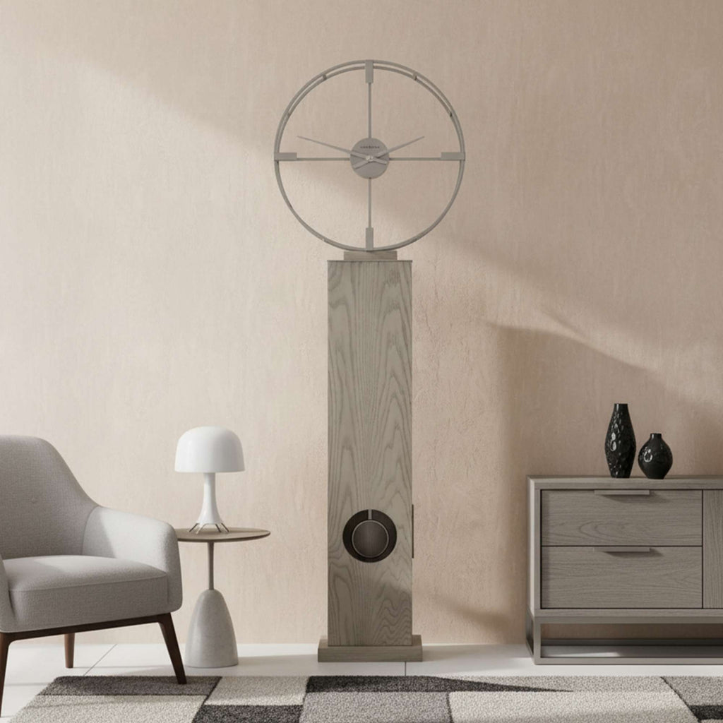 Modern indoor decor featuring a unique tall clock and minimalist furniture