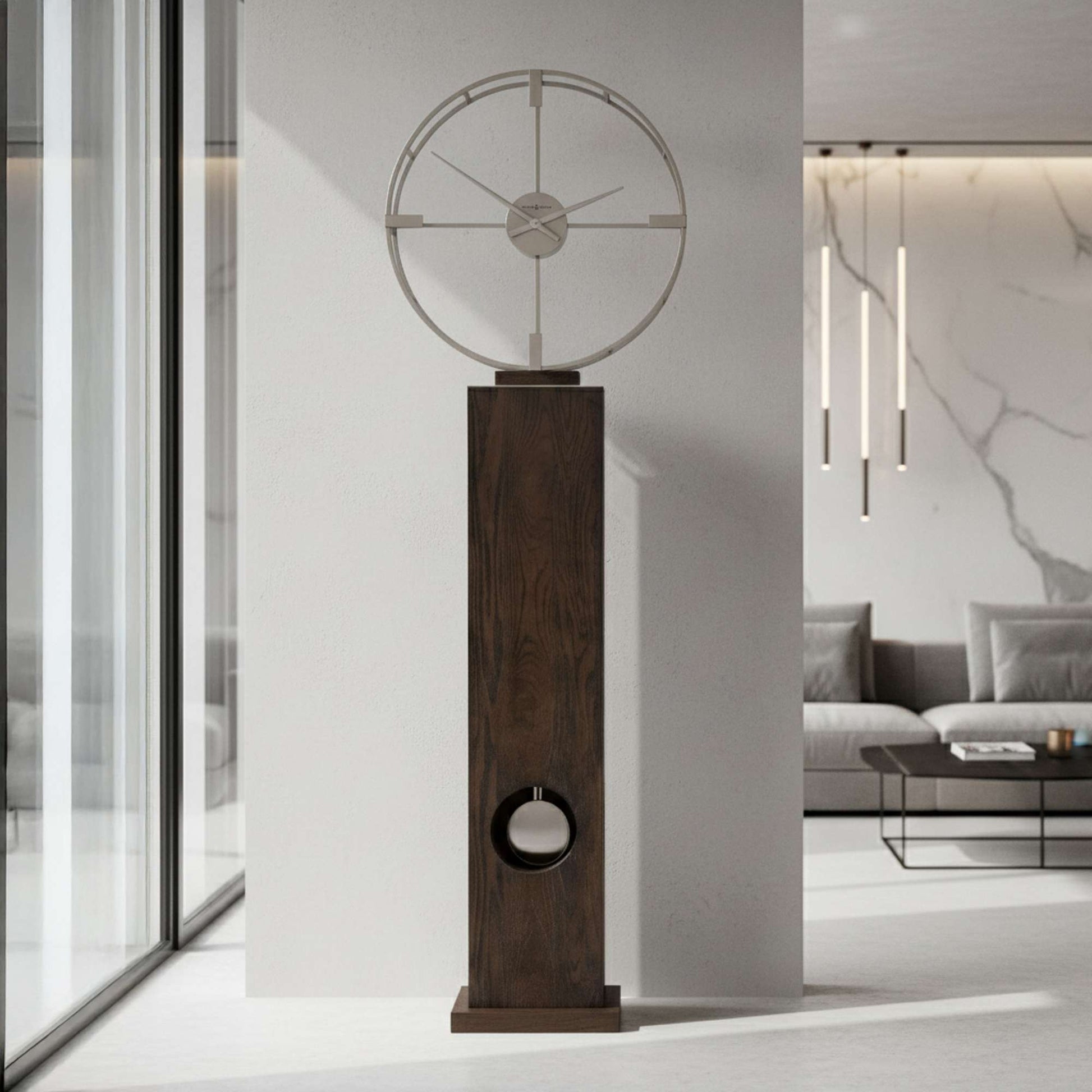 Modern decorative clock with a circular design atop a tall wooden base in a minimalist room.