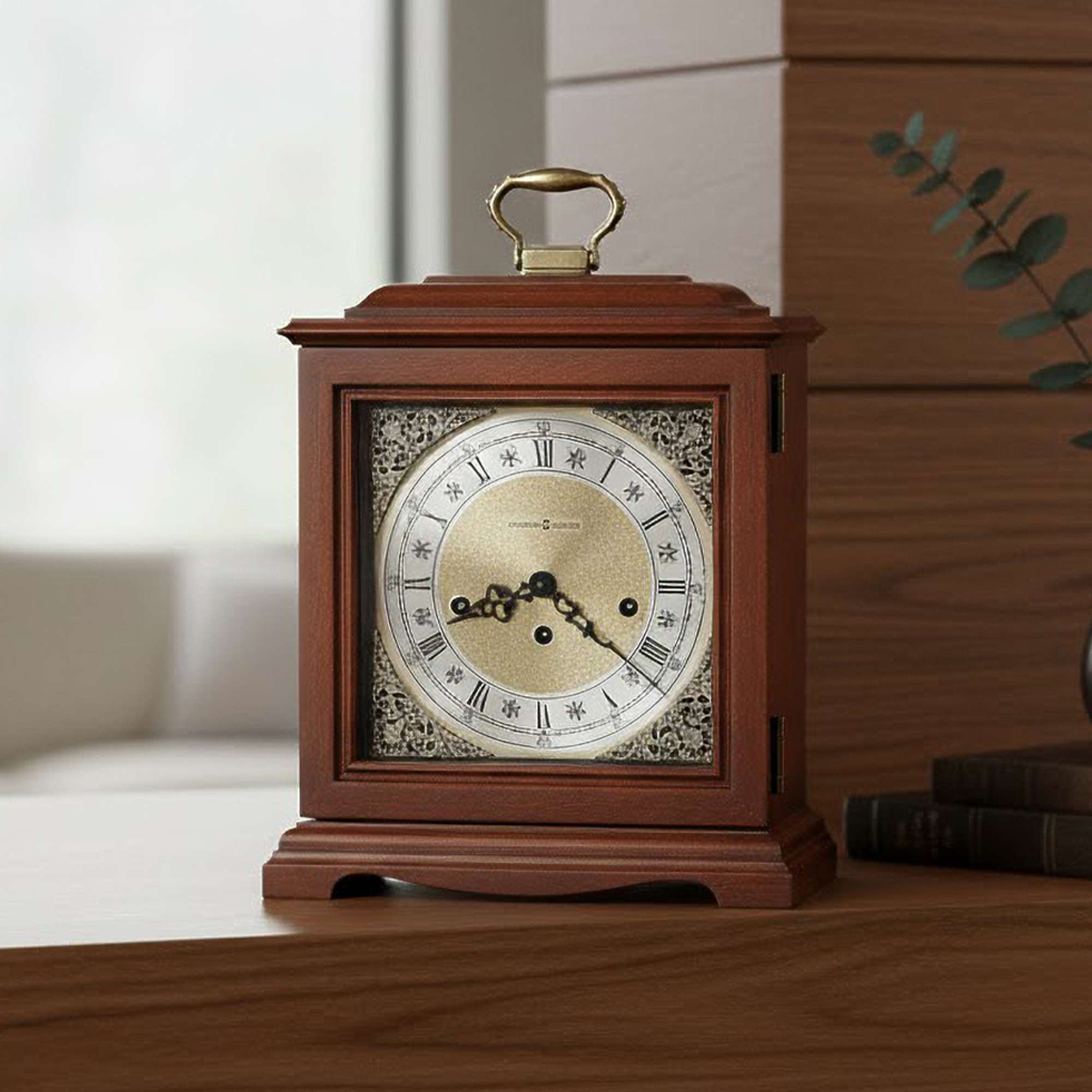 Elegant wooden mantel clock with brass accents