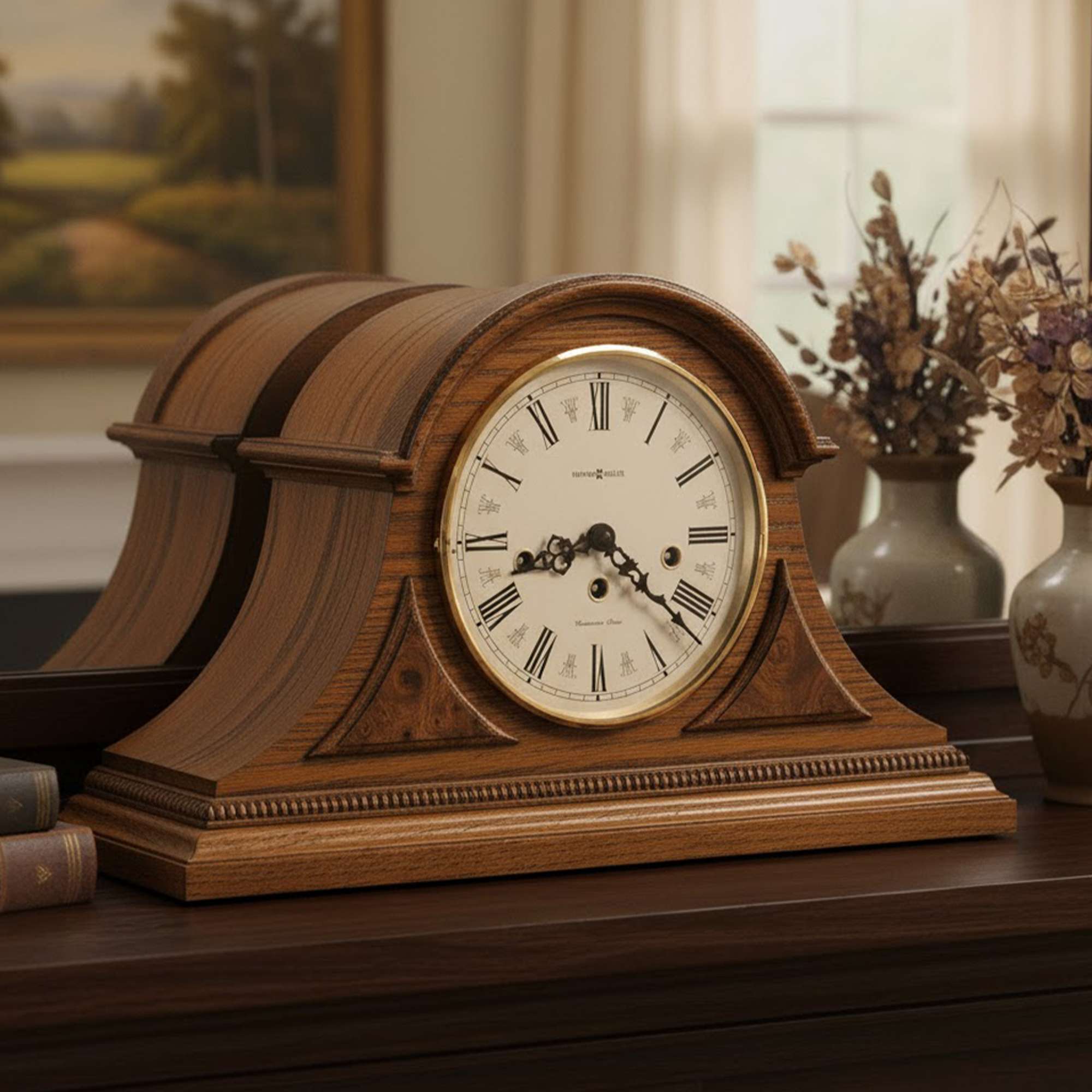 Classic wooden mantel clock with a white face and roman numerals