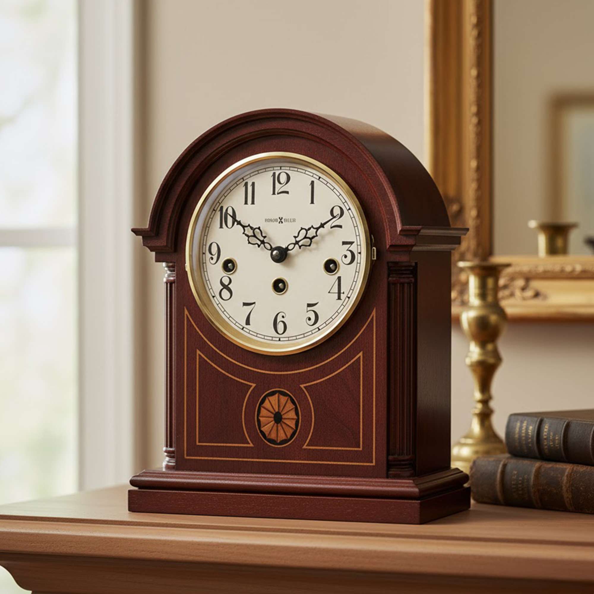 A classic wooden mantel clock with a white face and decorative details, placed on a wooden shelf near a mirror.