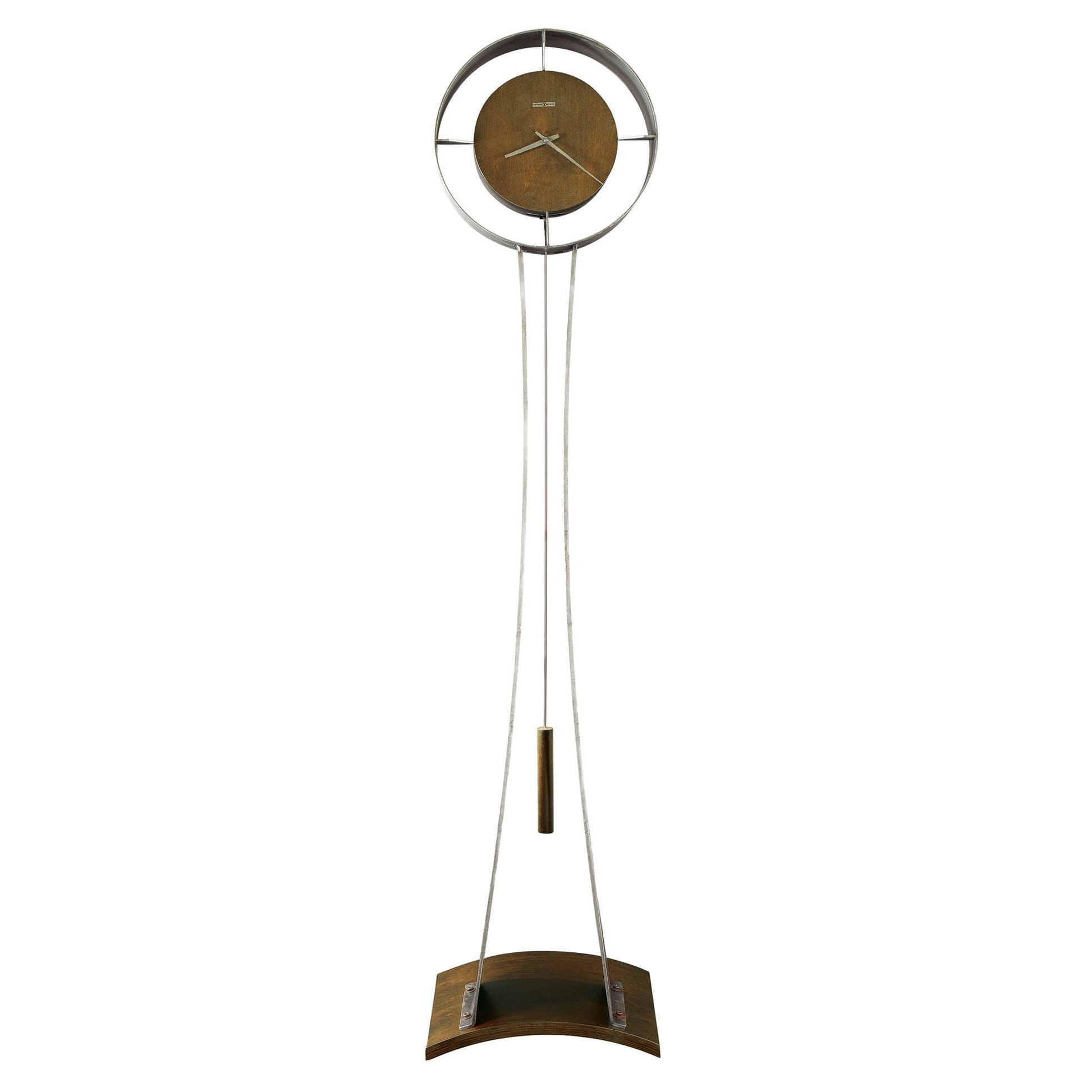 Modern tall floor clock with a circular design and a wooden base.