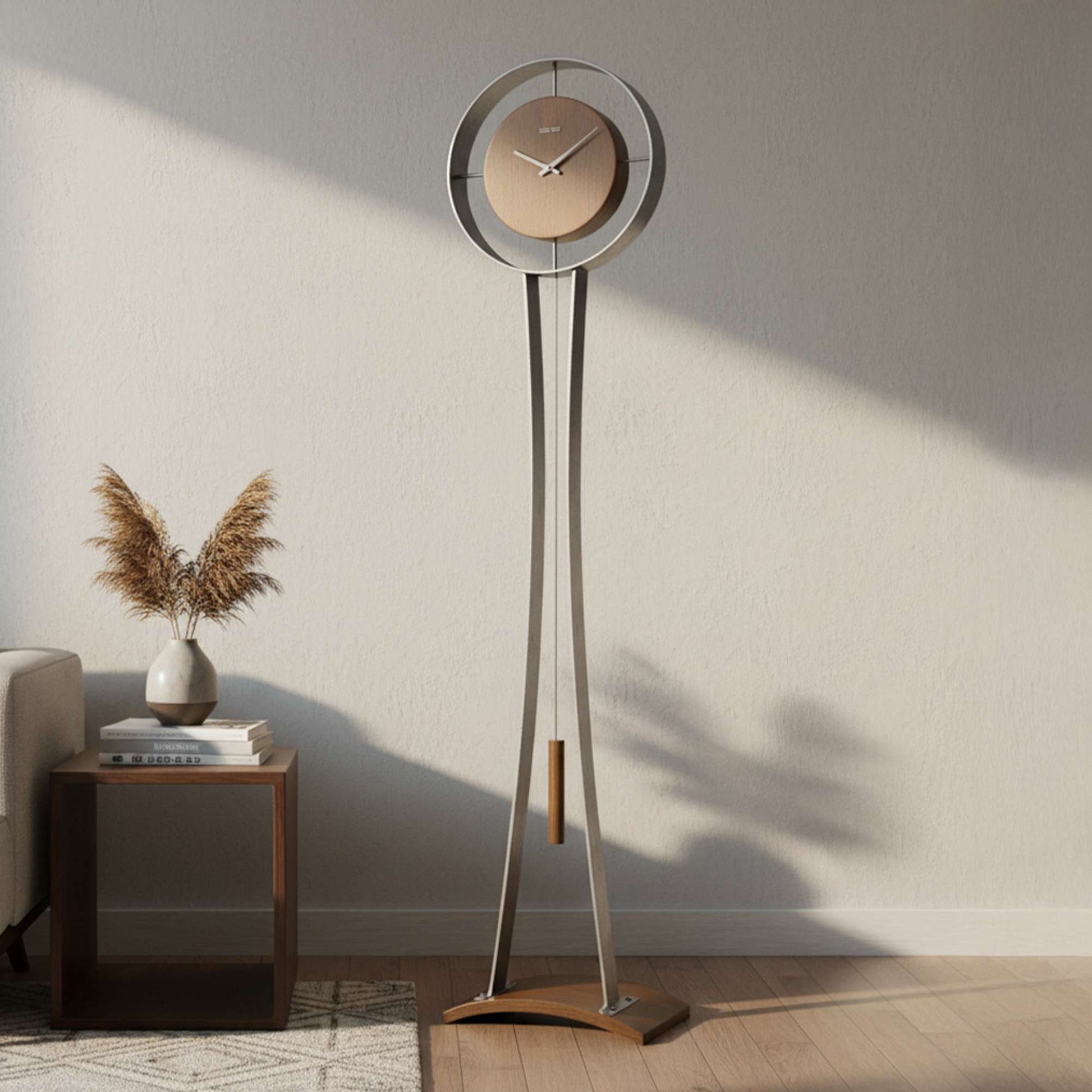 Stylish modern floor clock with a round face and sleek design in a bright room