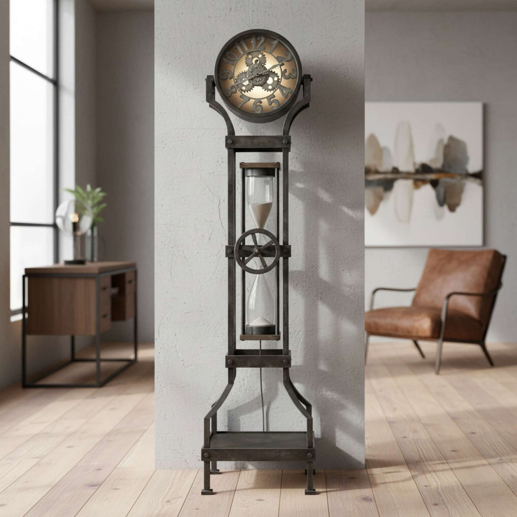 A stylish clock with a sand timer design, set in a modern interior.